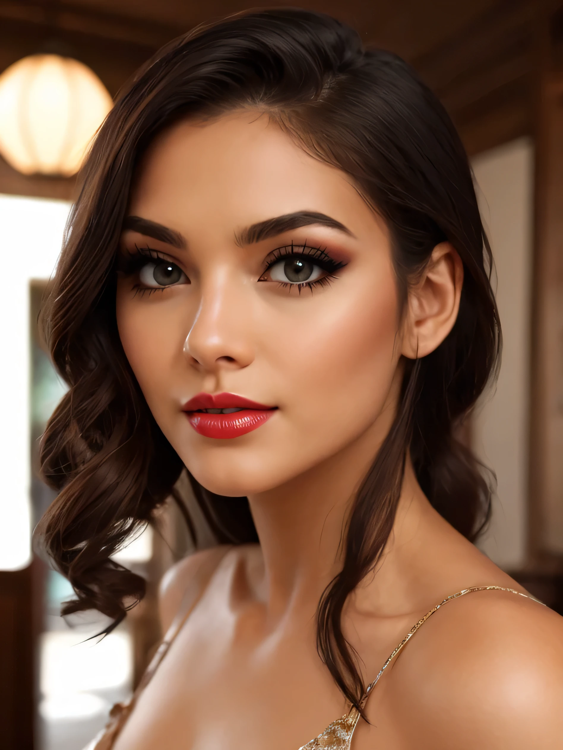 gorgeous woman's face, beautiful eyes, sensual red lips, makeup, white Hispanic, masterpiece
