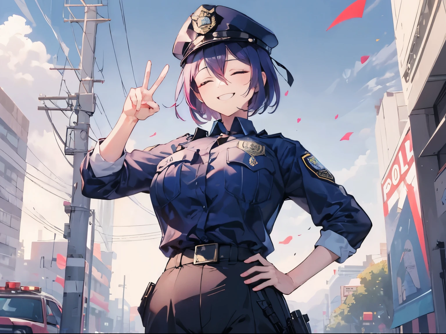 (Laughing face, big smile closed eyes), 1 girl, upper body, (facing viewer, looking viewer), (closed eyes), (purple hair, straight hair, very short hair, large breast), ((police cap, navy police shirt, pants)), (outdoor), Sharp Focus, (Best Quality, masterpiece, detailed, facial focus), (solo shot), standing straight, police officer, (hand on hips), ((peace sign)), (((waist)))