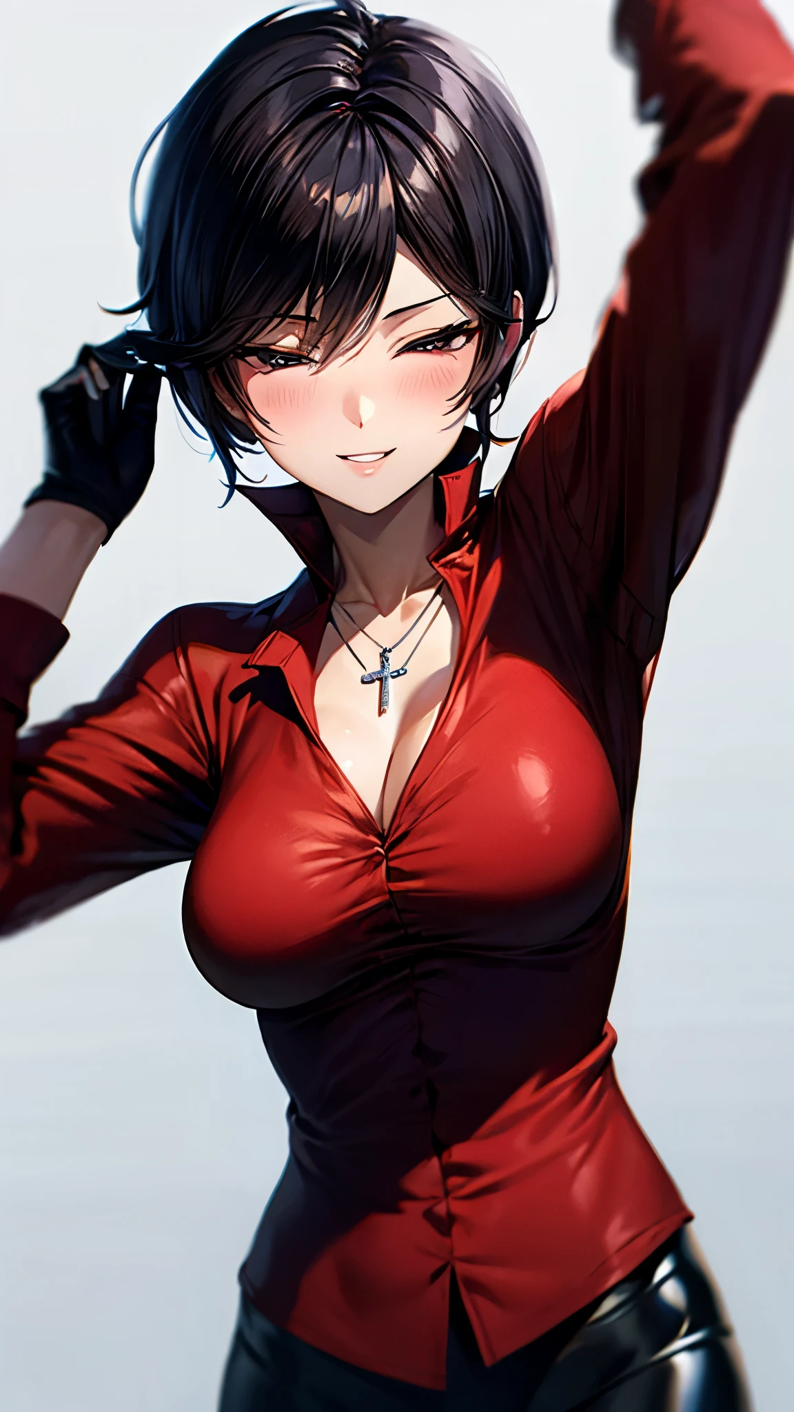 （ super quality, ultra high resolution with forest background,16k,super masterpiece,Ultra HD ,Detailed shading and background,）sexy,Photographing the upper body,Short, straight, black hair ,（A red shirt suit that has been unbuttoned, spread wide, and stood straight,Folded sleeves, black long gloves,Tight black pants, black long boots ,） cross necklace, provocative smile ,Thick lips,Neon city at night,