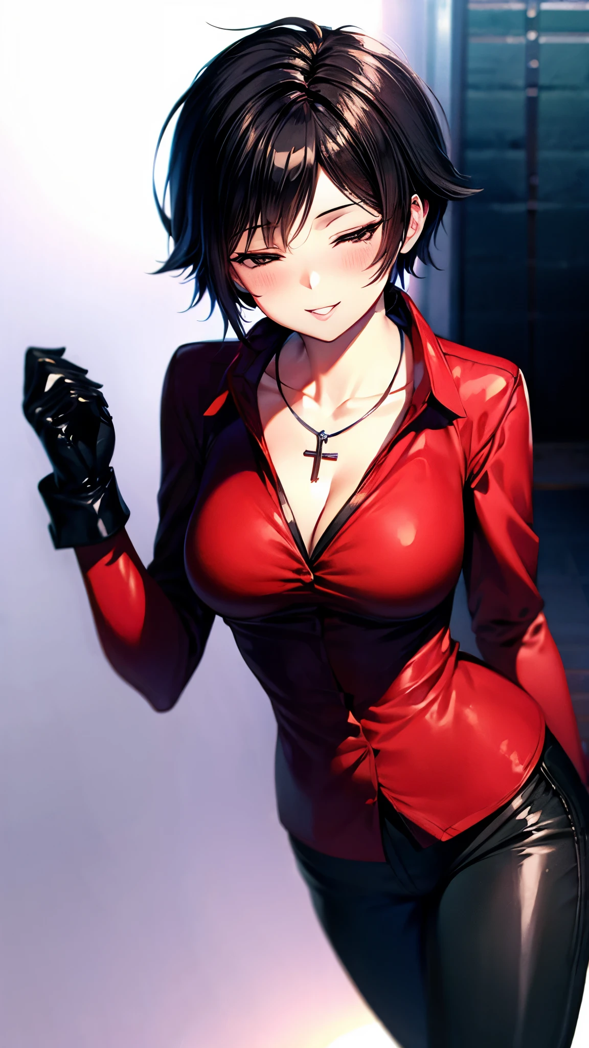 （ super quality, ultra high resolution with forest background,16k,super masterpiece,Ultra HD ,Detailed shading and background,）sexy,Photographing the upper body,Short, straight, black hair ,（A red shirt suit that has been unbuttoned, spread wide, and stood straight,Folded sleeves, black long gloves,Tight black pants, black long boots ,） cross necklace, provocative smile ,Thick lips,Neon city at night,