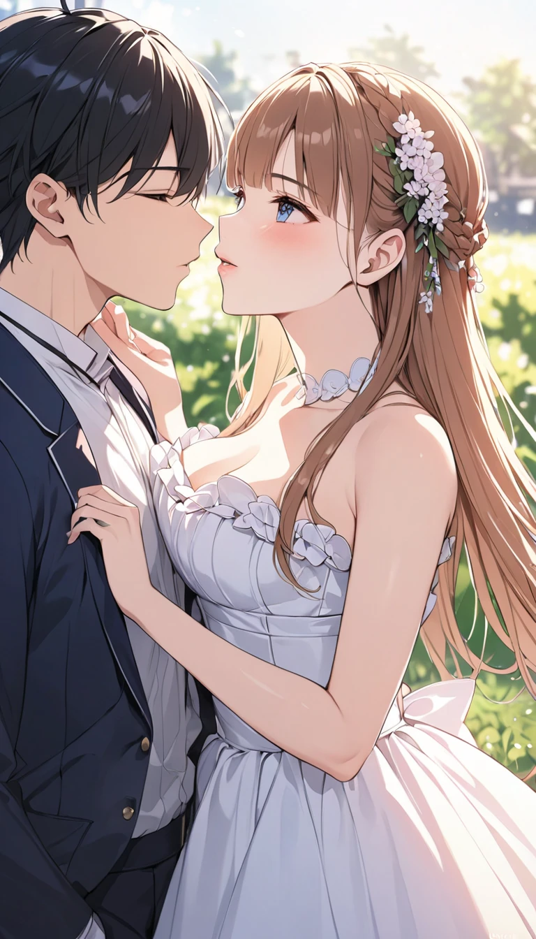 Generate a masterpiece anime boy, brown spiky hair, brown shiny eyes, white suit. Anime girl, long black hair, two brown shiny eyes, beautiful long white dress. Boy warping his hands around her stomach from beside, his placed his head on her shoulders exact next to her neck. Girl placing her one hand on his face while other her other hand on her shoulder, both looking at each other's eyes, so many cherry blossom trees, cherry leaves felling down on them like blessing, romantic environment, best quality
