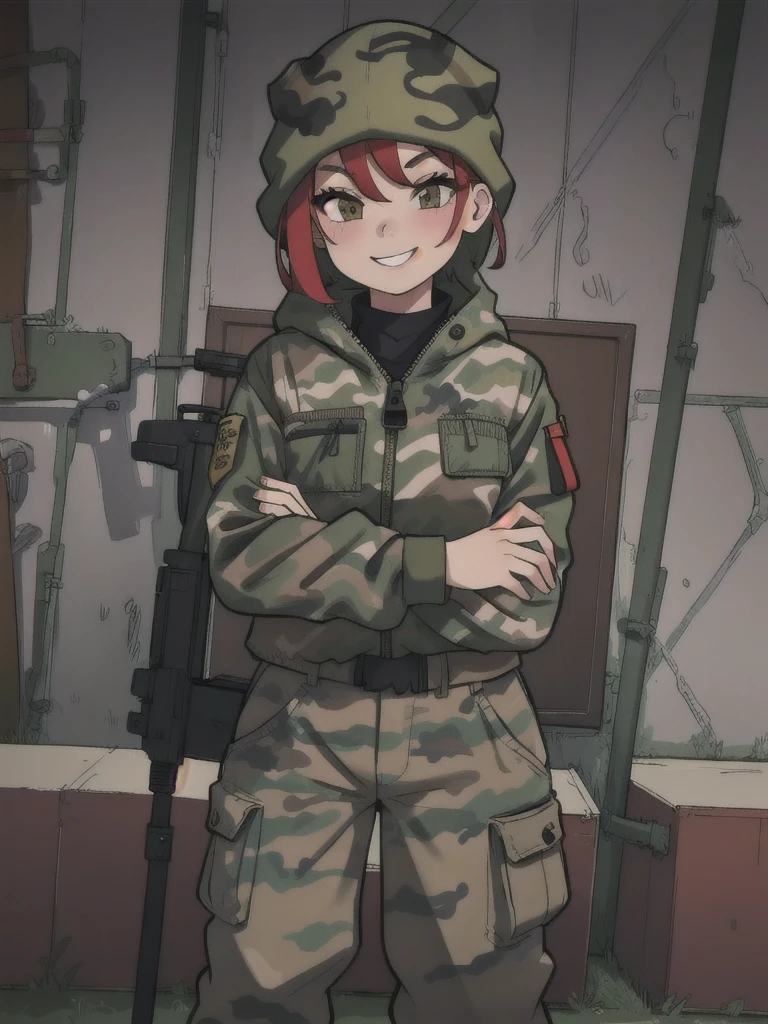 girl with smile and red short hair, with a camouflage jacket, camouflage balaclava, camouflage pants 