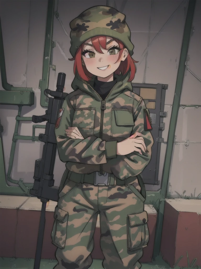 girl with smile and red short hair, with a camouflage jacket, camouflage balaclava, camouflage pants 