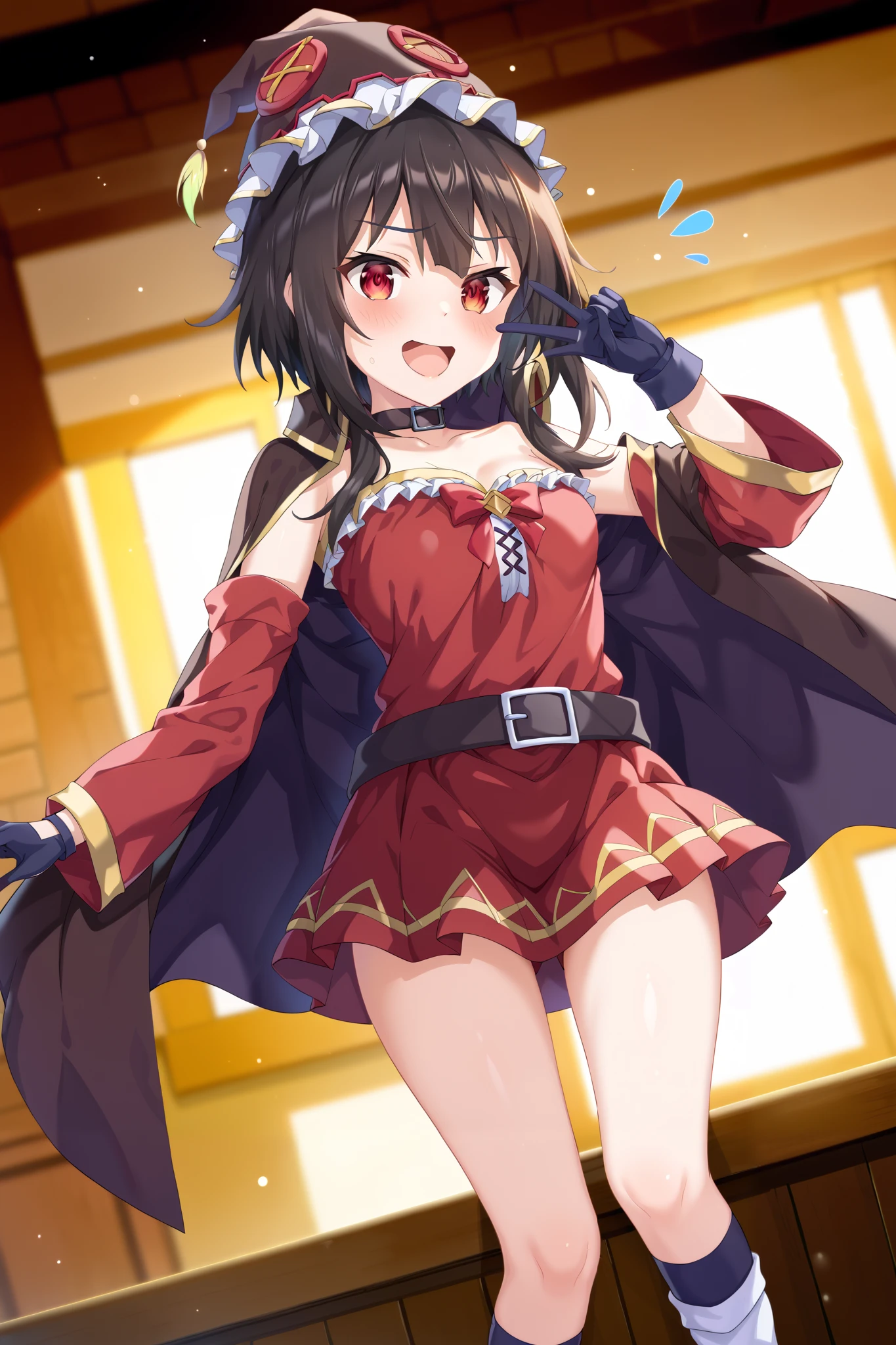 NSFW,masterpiece, best quality, high definition , Very detailed,Megumin\( bless this wonderful world\), short hair、 black hair、Red Eye、 side lock、 long rock, Knee Socks 、gloves、hat、 Red Dress 、黒いgloves、belt、黒い Knee Socks 、指なしgloves、Cape、first round、魔女のhat、bandage、 Red Dress 、片方の Knee Socks 、 asymmetrical legwear、bandageを巻いた脚, Adventurers Guild, reception counter, zitales,Shocked face, standing