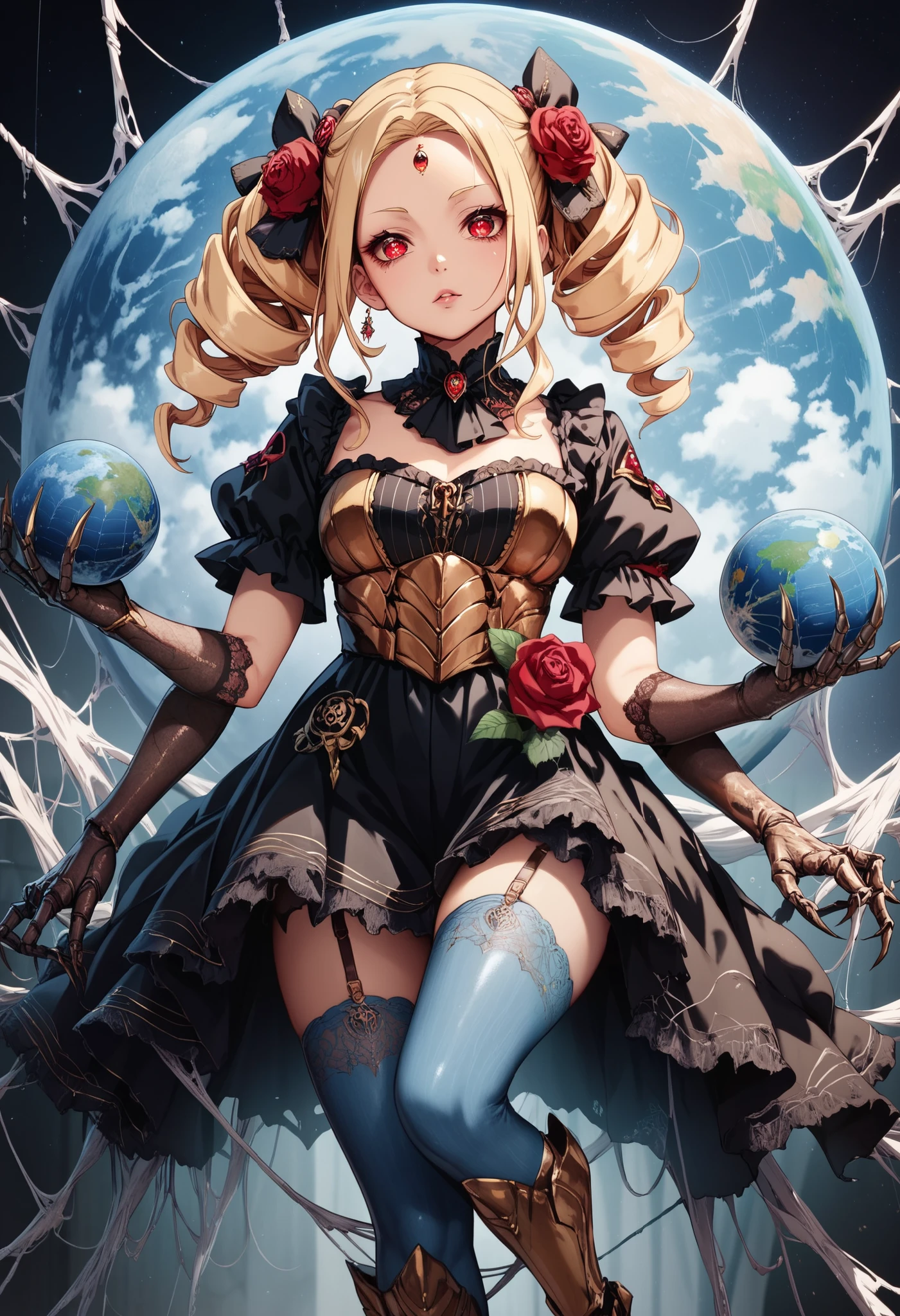 Spider girl. Lady. Twin drill hair. Blonde hair. Red eyes. Horror eyes. Black and Gold dress. Frills. Dark fantasy. Multiple arms. Sharp claws. armor chest. Insect legs. Lace gloves. Metallic Blue globe. Metallic Blue tights. Spider eyes on forehead. Scornful expression. Rose flower.