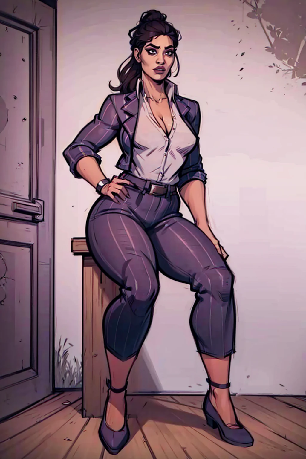 Digital art, angled view, sexy sitting pose, full curvy figure, mature woman, adult female, whole body, form-fitting, Jane Romero (Dead by Daylight game) inspired costume, pinstriped blazer, blouse, belt, pinstriped baggy pants that ends above the ankle, belt, flat office shoes, 1woman, solo, upper body, lower body, ((Extremely Detailed)), ((Best Quality)), ((Masterpiece)), ((4k)).
