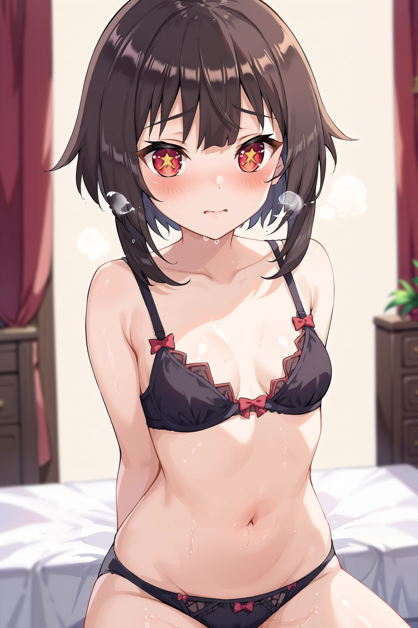 NSFW,masterpiece, best quality, high definition , Very detailed,Megumin\( bless this wonderful world\), short hair、 black hair、Red Eye、 side lock、 long rock,Night Inn , bedroom, lustful face, are in estrus,Embarrassed,blush,Small breasts, black bra, black panties ,Heavy breathing, have wet crotches