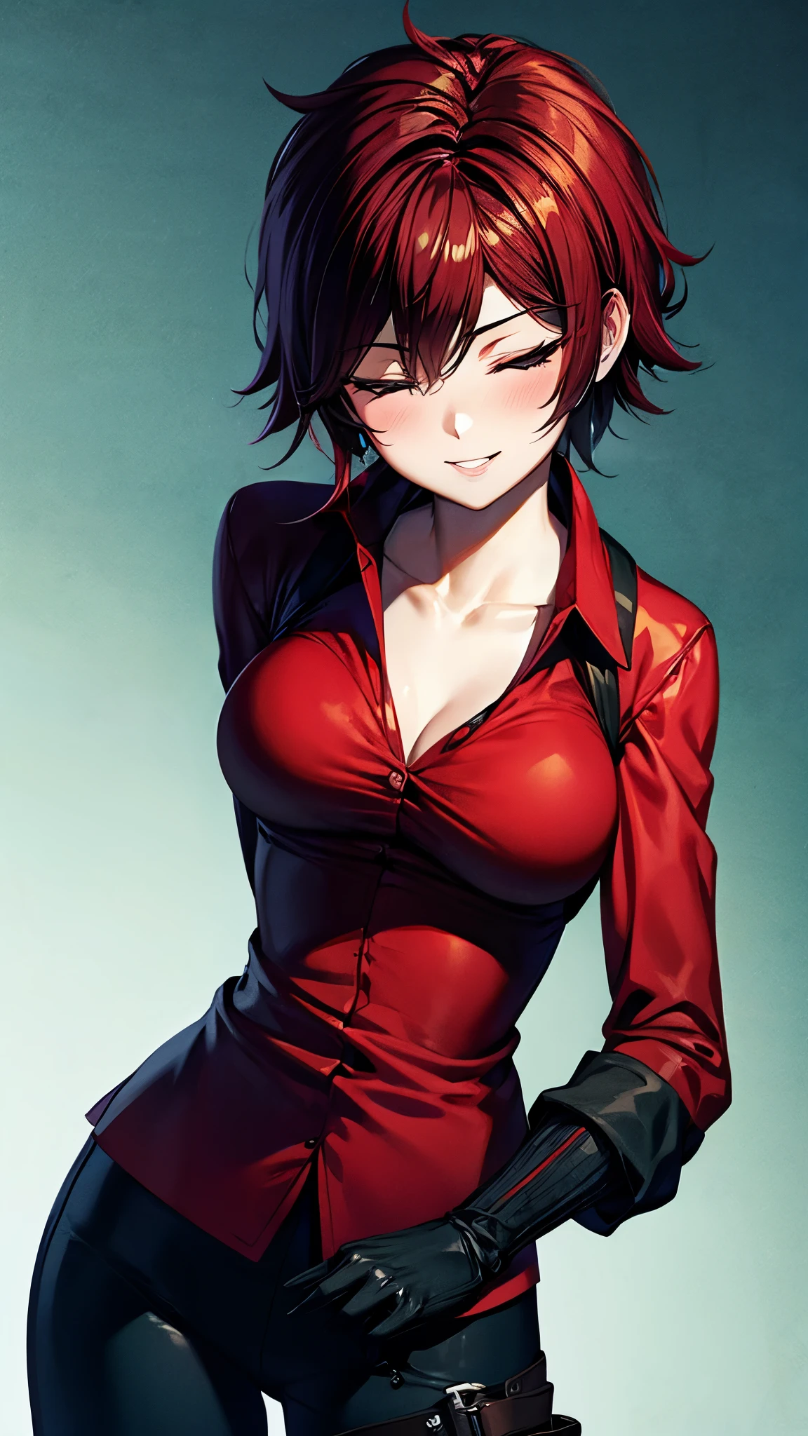 （ super quality, ultra high resolution with forest background,16k,super masterpiece,Ultra HD ,Detailed shading and background,）sexy,Photographing the upper body,Short, straight, black hair ,（A red shirt suit that has been unbuttoned, spread wide, and stood straight,Folded sleeves, black long gloves,Tight black pants, black long boots ,） cross necklace, provocative smile ,Thick lips,Neon city at night,