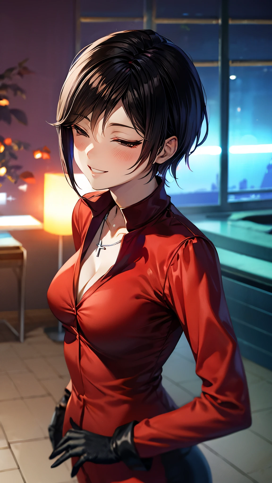 （ super quality, ultra high resolution with forest background,16k,super masterpiece,Ultra HD ,Detailed shading and background,）sexy,Photographing the upper body,Short, straight, black hair ,（A red shirt suit that has been unbuttoned, spread wide, and stood straight,Folded sleeves, black long gloves,Tight black pants, black long boots ,） cross necklace, provocative smile ,Thick lips,Neon city at night,