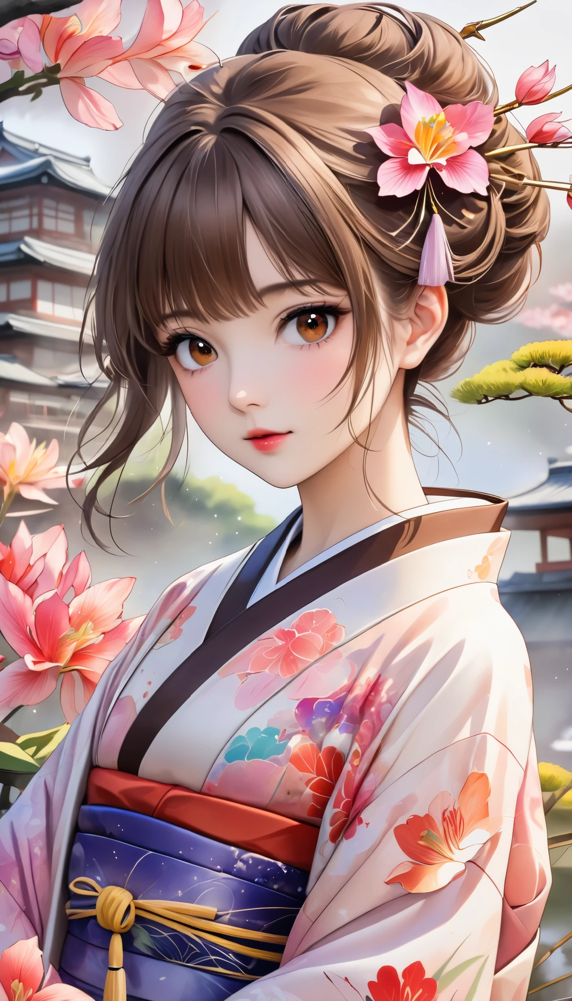 (masterpiece, high definition , High image quality, 8k, best quality), Japanese painting, Watercolor and Oil Paintings Fusion , beautiful brown eyes, Shiny, silky, tousled hair, adorable cute expression , perfect proportions, Mid-chest, Wearing a colorful Japanese kimono, Cranes are flying, Iris Effect, Detailed illustration art digital art including background,