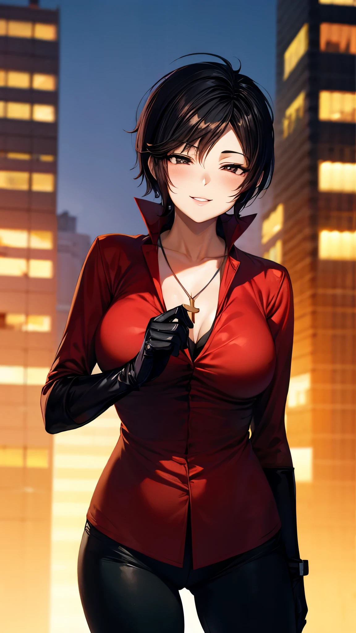 （ super quality, ultra high resolution with forest background,16k,super masterpiece,Ultra HD ,Detailed shading and background,）sexy,Photographing the upper body,Short, straight, black hair ,（A red shirt suit that has been unbuttoned, spread wide, and stood straight,Folded sleeves, black long gloves,Tight black pants, black long boots ,） cross necklace, provocative smile ,Thick lips,Neon city at night,