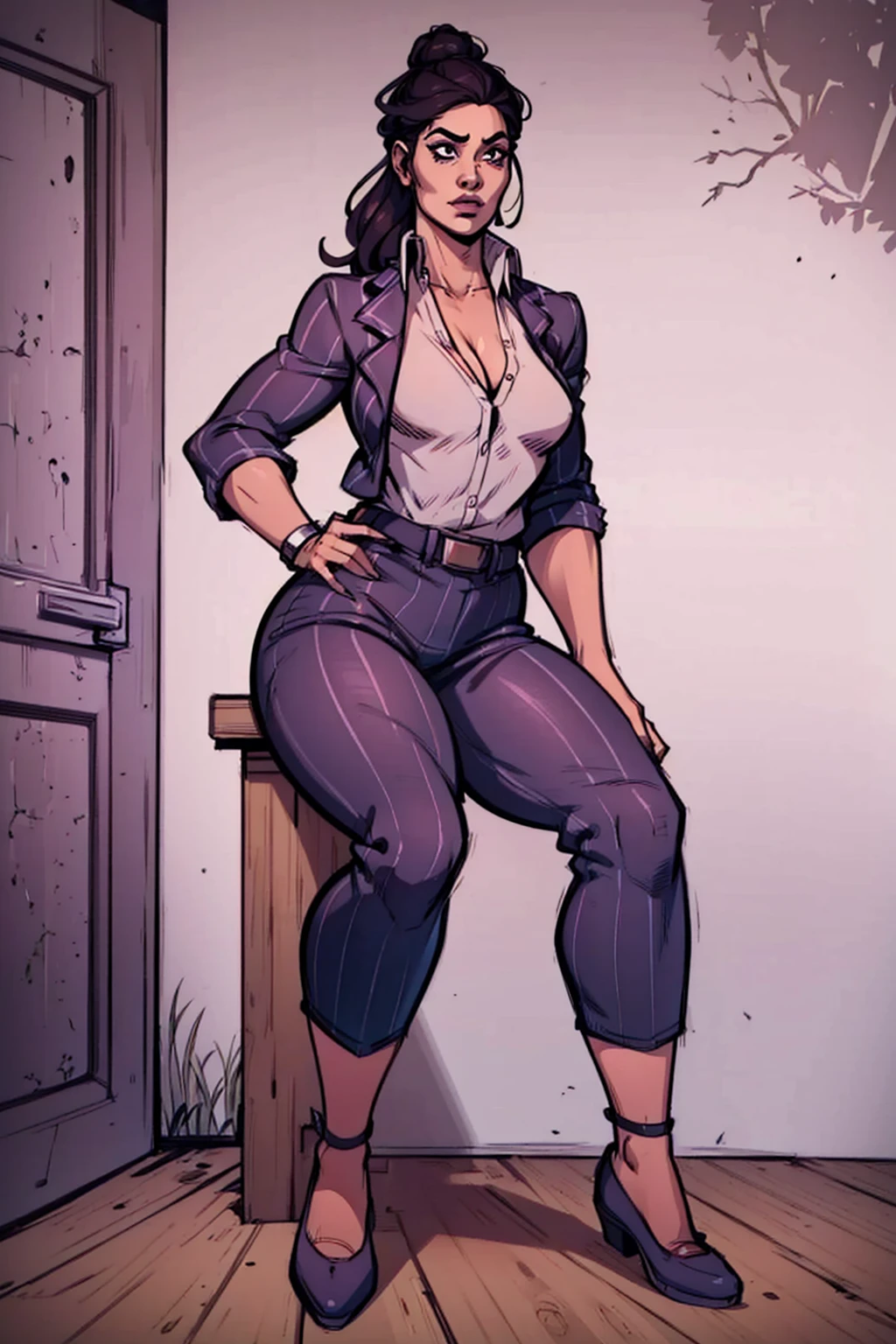 Digital art, angled view, sexy sitting pose, full curvy figure, mature woman, adult female, whole body, form-fitting, Jane Romero (Dead by Daylight game) inspired costume, pinstriped blazer, blouse, belt, pinstriped baggy pants that ends above the ankle, belt, flat office shoes, 1woman, solo, upper body, lower body, ((Extremely Detailed)), ((Best Quality)), ((Masterpiece)), ((4k)).
