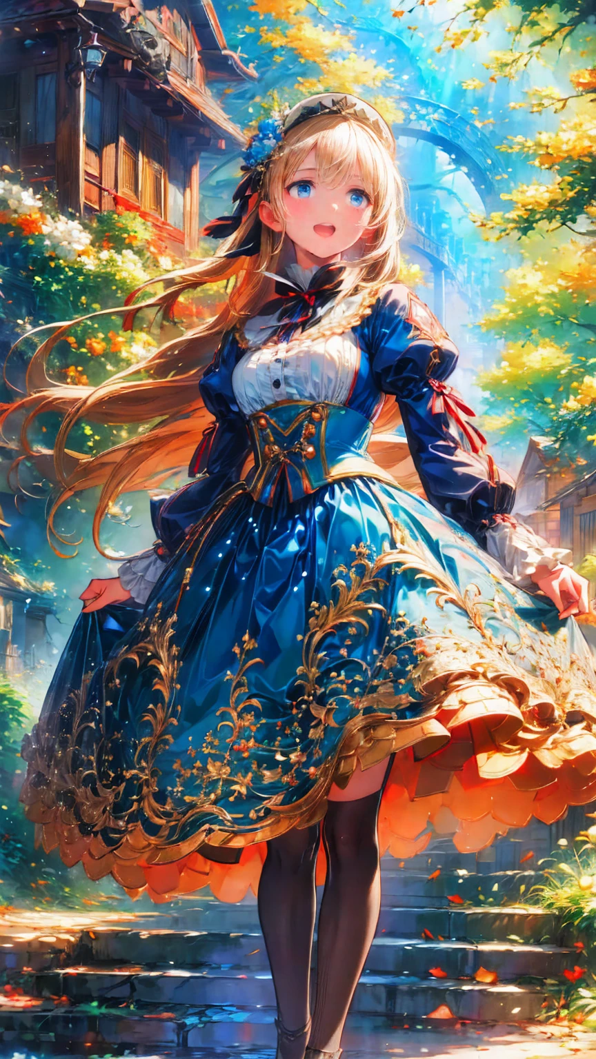 ), Composition from head to toe,  full body view,Village realistic、 Virginia Otis  Blonde Blue Eyes、Victorian city,  Europe. Aristocratic Girl、Breasts looking up from below 、  Wearing a Long-Sleeved Sheer Fabric Dress 、 orgasms while screaming 、Face Smile、 cute face, 's full body、
