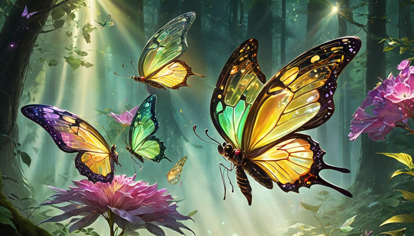 (((  surrenders ))) photograph,( super detailed face),((light)),A hyper-realistic and mesmerizing depiction of jewel-like, transparent butterflies gliding gracefully through a magical forest bathed in radiant, golden light. Their delicate wings, resembling fine crystal, shimmer with an array of vivid colors—emerald green, sapphire blue, ruby red, amethyst purple, and topaz yellow—each hue glowing softly as the light refracts through their translucent surfaces. The butterflies move effortlessly, leaving trails of sparkling dust in the air as they flutter among luminous flowers and vibrant greenery. Beams of sunlight pierce through the dense canopy, illuminating the forest in a golden glow, with motes of light drifting lazily in the atmosphere. The scene is alive with vibrant colors, the butterflies creating an ethereal display of nature's beauty, like living gemstones dancing in the air