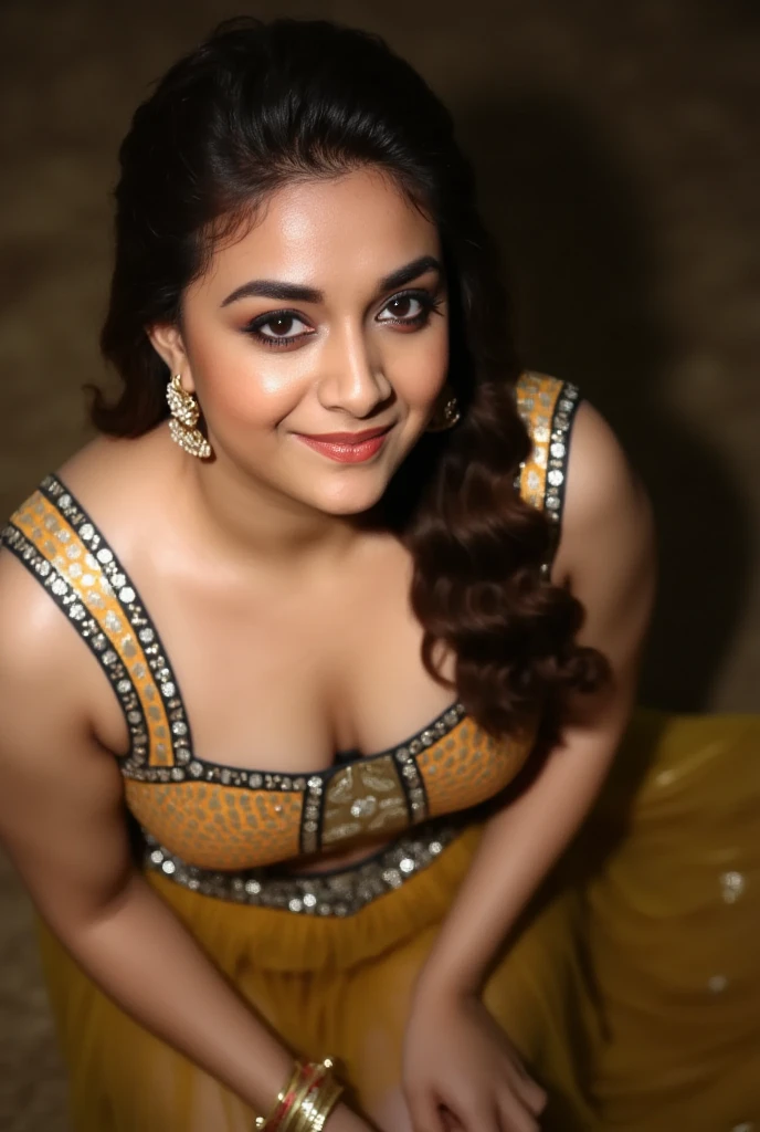 A woman kneeling gracefully, wearing a traditional Indian blouse with intricate patterns and rich colors. The blouse has delicate embroidery, enhancing the elegance of her attire. The image is captured from a top-down angle, with the woman looking up at the viewer, her eyes expressive and engaging. Her hair is styled beautifully, and she wears subtle jewelry that complements her traditional look. Soft lighting highlights her facial features and the details of her blouse, creating an intimate, captivating atmosphere that draws the viewer into her gaze."