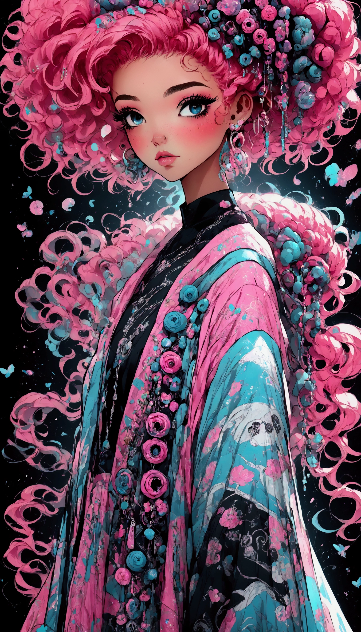 hyper realistic Anime style ,  close plane An African-American woman with curly pink hair,  curlers and a pink dress is looking at the camera .,  eyelids painted pink and colored sparkles ,  full lips shimmering with colored glitter ,  cyan background with various blue colors , soft cyan light on the face ,  a digital painting inspired by Ross Tran , trending on CGSociety, afrofuturism, Beeple y Jeremiah Ketner, read the wlop, In the style of Ross Tran,  Beautiful digital illustration , vibrant pastel rossdraws, loish y ross tran, Ross Tran 8K