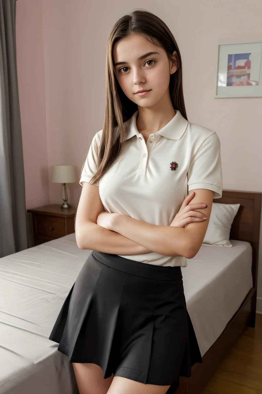 High quality shy and timid, cute, dirty nineteen year old girl,(photo quality) masterpiece, 4k high res, shy pose, black knee length school skirt, and a plain polo shirt, teasing,  hair middle part, ((embarrassed)) laying on her bed, arms crossed, (black skirt) turned on, perky breasts