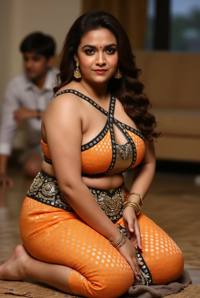 An aunty in Tamil Nadu works as a maid in a village. She is wearing a saree, bending down on the floor with a cloth, her legs are crossed, and she is masturbating. She has a fat, black body. You can see her cleavage and thighs. In the room, a boy is sitting on a sofa and looking at her. She has a sad expression on her face.