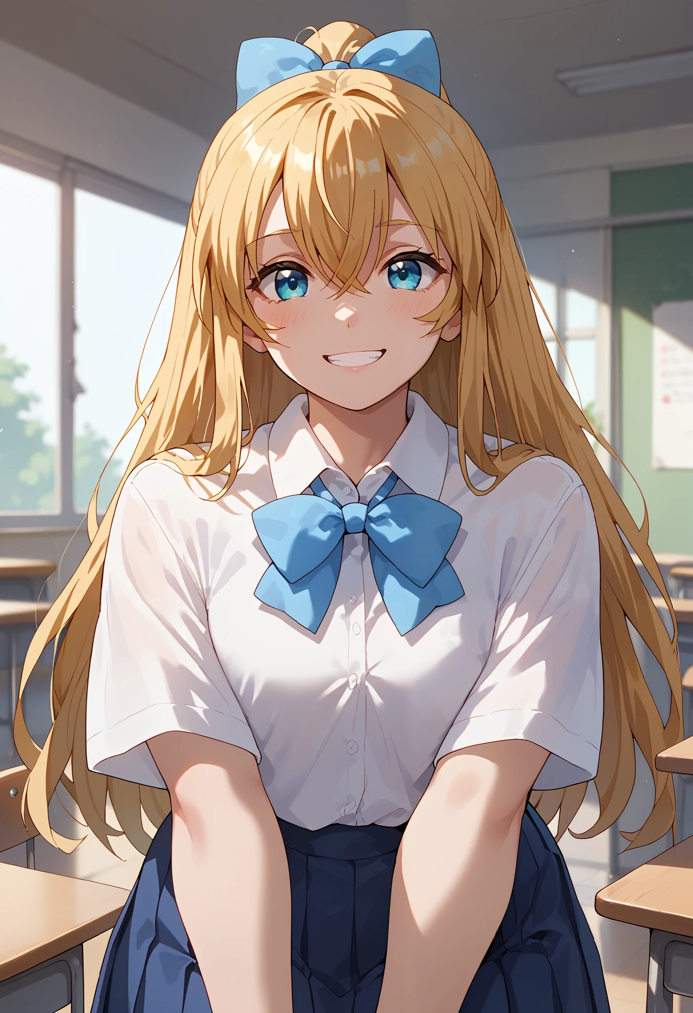 blue eyes, white skin, blonde hair, long straight hair, inside school, Japanese schoolgirl outfit, smile, blue bow on head, anime style