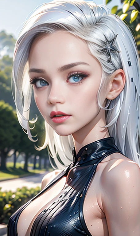 Photo of a -old European girl, .RAW, beautiful woman , largo White hair , White hair , albino girl ,((portrait)), ((detailed face:1.2)), ((detailed facial features)), (finely detailed skin), Varied background , blue eyes , 、(cool color), humid, humid, ReFlectoreasutepiece) (perfect proportions realistic photos)(The best quality) (detailed) photographed with a Canon EOS R5, 50mm lens, f/2.8, NffSW, (8k) (wallpaper) (cinematic lighting) (Dramatic lighting) (sharp focus) (Convoluted) thin  , thinl breasts , freckles on cheeks , Whole body , beautiful woman body , posing sexy  , posing brightly from the front for the camera , cute makeup , alegre , linda sonrisa , Red lips , albino girl , by white , White hair , outfit Lincoln Loud , Lincoln Loud , viste playera color naranja , falda azul.con patrones de cuadros , cuerpo completo , vestido naranja , cabello largo ,  posando para la camara , recargada en un arbol , parque , jardin hermoso , usa tennis blancos , tiene lindas piernas , usa medias color negro