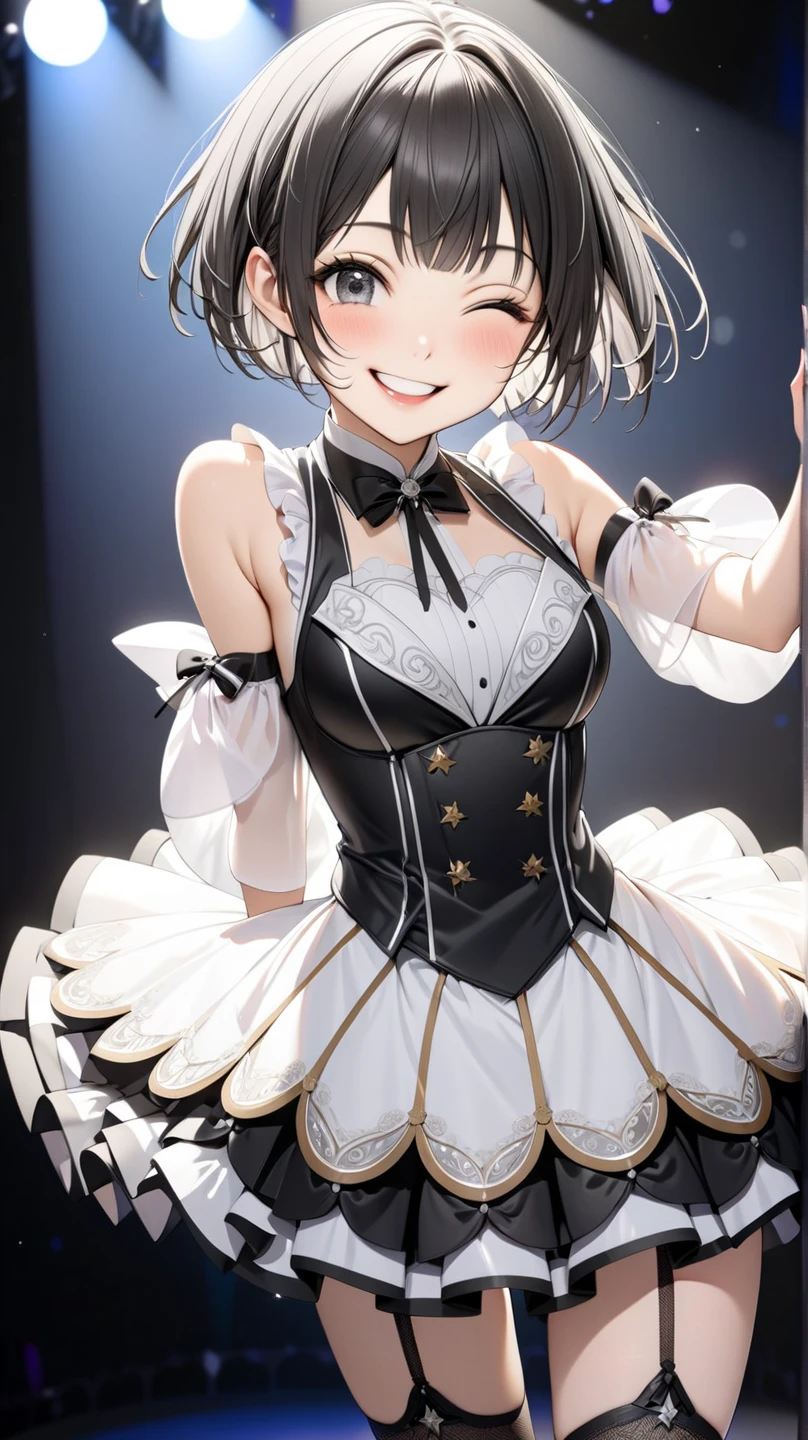 (anime style),masterpiece, best quality, extremely detailed,10Year old,tanned skin,dark skin, Beautiful body,BREAK,multicolored colorful hair,short hair,hair slicked back,BREAK,black eyes,happy smile,open mouth,eyes widen,happiness
smile face,detailed lips,open legs,BREAK,cotton White big ribbon,BREAK, Ballerina costume,off shoulder,frilled clothing microskirt,break,head tilt,arabesque pose,in the Ballerina lesson room
