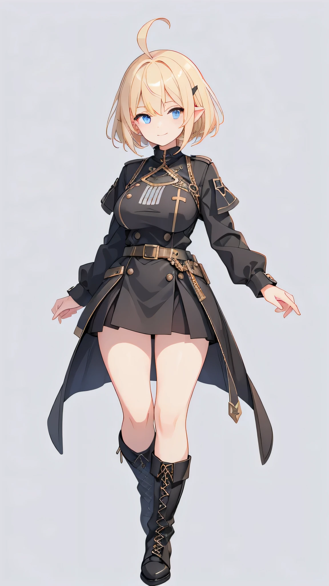 masterpiece,  best quality,((Full body image of one tall woman)),(( standing straight )), (( blue eyes)), (( blonde short hair,Ahoge)), Big Breasts,(((black big hairpin ))),Elf,(( black thigh high socks, black boots )),((dark black gothic military uniform )),black skirt with ruffles ,(((( no background )))),Droopy eyes,thin straight eyebrows,thick waist gun belt , white skin, looking at this , fearless smile, I don't have anything in my hands , 