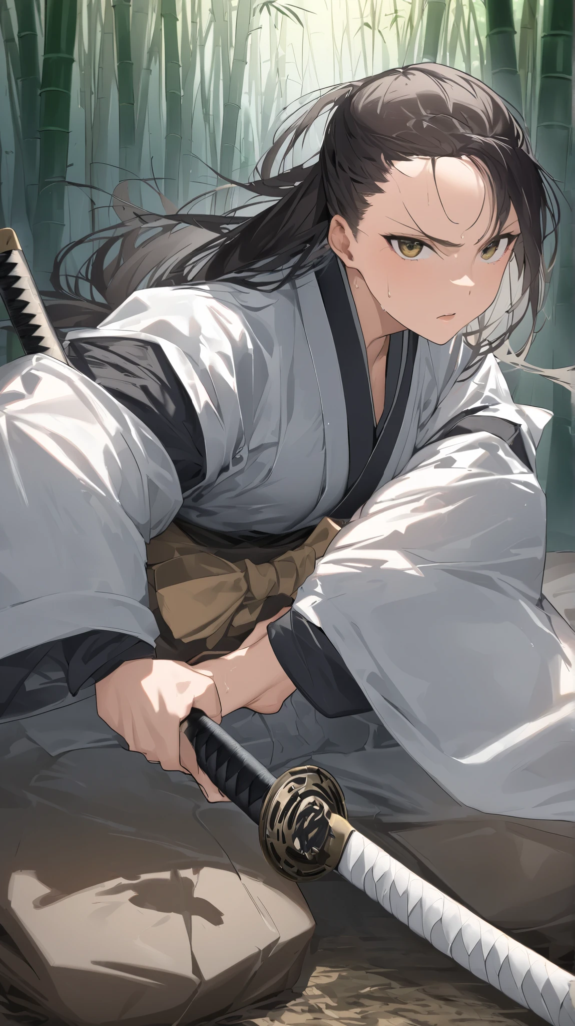 picture of a female samurai with a sword removed from the scabbard , 8k Ultra HD , soft lighting, High Quality , film grain , Fujifilm XT3、最 High Quality , masterpiece, high definition , Samurai Girl, I have a Japanese knife, beautiful posture,Moonlit Night,bamboo forest,chest, 1 girl, high definition , shortcuts,Tall、Handsome beauty 、samurai、 Japanese Knife 、 adult woman、A beautiful woman in men's clothing、Alone, Woman in her early 20s、 is cool、Mature atmosphere、Spiked Hair、 turning your gaze , illustration, who is an adult woman by Tall in Ahoge 、Medium to medium height ,Japanese Sword 、There is murderous intent.,The number of fingers is accurate ,Japanese longsword, on all fours,Iaido, Iai Kari,Close up, Long Sleeve ,The length of the blade of the sword holding the hand ,No hands ,I don't draw hands,Black Scabbard,Moon mark on scabbard, wolf cut, Put one knee on the ground, textured skin , Spread Your Legs, kimono,underwear( sarashi), profuse sweat,Clothes are wet with sweat,Clothes are see-through due to sweat, clavicle , white kimono, with multiple swords in their sleeves, long hair, black hair, Ahoge,High concentration ,Serious personality, golden eyes, Breathing through the mouth ,Contemptuous eyes, Contempt/Angry Gaze, Crazy Eyes, Battle Mode,Sarashi wrapped around a long-crowded Ahoge