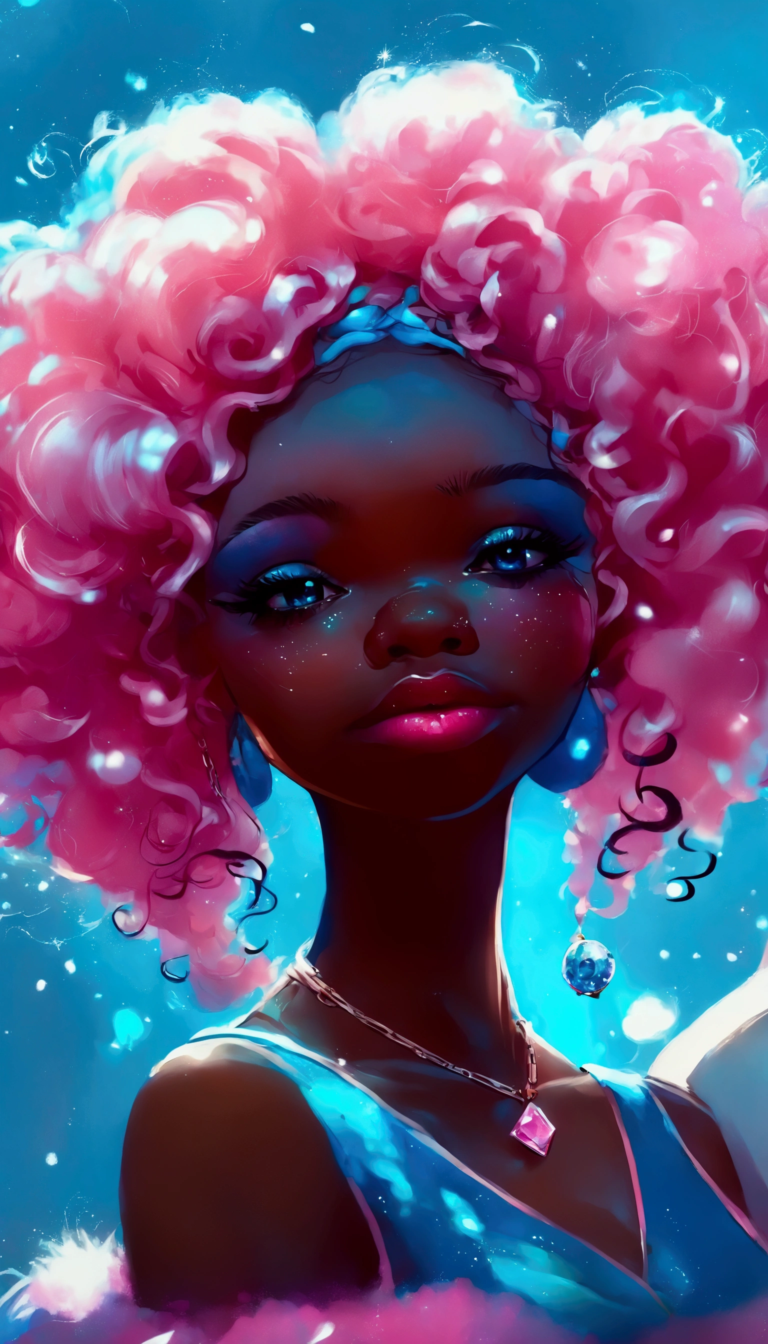 hyper realistic Anime style ,  close plane An African-American woman with curly pink hair,  curlers and a pink dress is looking at the camera .,  eyelids painted pink and colored sparkles ,  full lips shimmering with colored glitter ,  cyan background with various blue colors , soft cyan light on the face ,  a digital painting inspired by Ross Tran , trending on CGSociety, afrofuturism, Beeple y Jeremiah Ketner, read the wlop, In the style of Ross Tran,  Beautiful digital illustration , vibrant pastel rossdraws, loish y ross tran, Ross Tran 8K