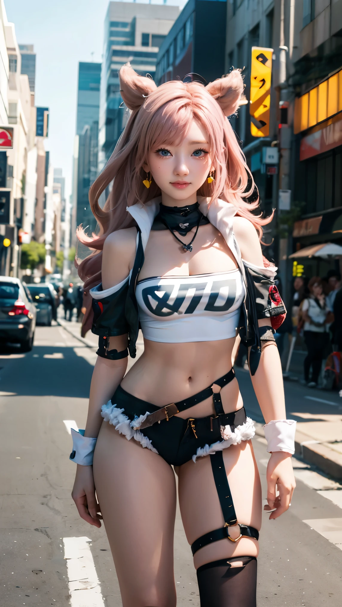 Masterpiece, best quality, extremely detailed artwork, award winning, retina, soft light, sharp focus. (((solo))), (cowboy shot:1.5),
nicole demara
tube top, single thighhigh, short shorts, cropped jacket, belt boots, hair ribbon, hairclip, earrings, single sock, high belt, thigh strap, detached sleeves, doll, black collar, smile, looking at viewer, outdoors, street, cherry blossoms, petals, open legs, embarrased, blushing, standing, ((pink hair))
Huge breasts, Turned, erotic and provocative, (EMPTY STREET)
FULL BODY SHOT, ultra wide angle, smooth perfect skin, smooth_skin, face detail, clean skin, perfect hands, perfect anatomy, anatomically correct,
(realistic city background:1.2)