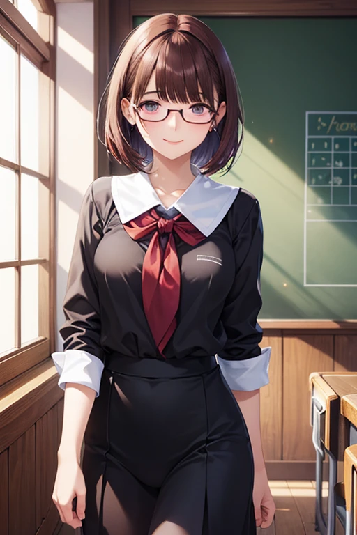 Short short hair, round glasses, classroom background, blackboard, shirt, Cardigan, skirt, expressionless, neatness, Quietness, quiet, brown hair, model student, red bow tie