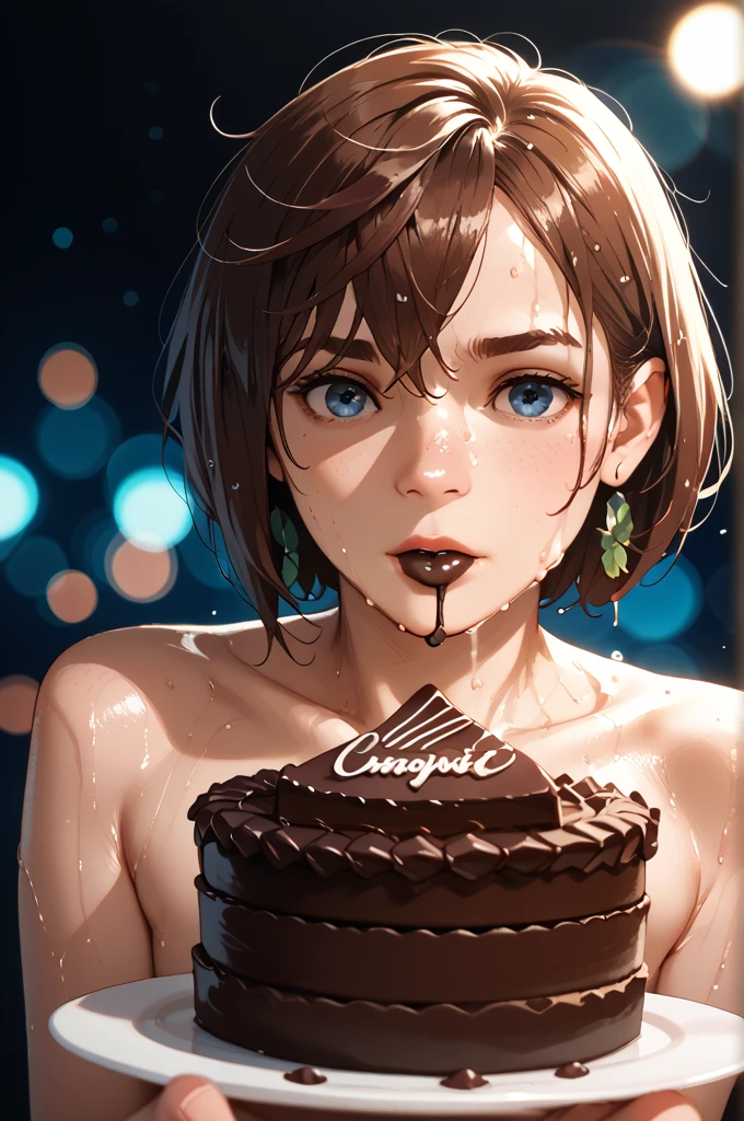  Cinematic frame of chocolate, chocolate cake,  dark background, quality photo, wet texture, glazed,  studio photo, slice,  shallow depth of field , vignette,  very detailed, high budget, bokeh, cinemascope, melancholic, epic,  awesome,  film grain , granulated