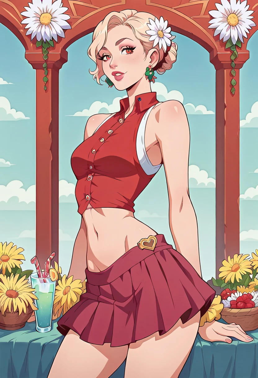 (( best quality)), (( Official Art)), ((  Masterpiece )),   textile shading, ((ultra-detailed)),  full color, ( 1 girl, Alone, cureyell,   sleeveless, Naked_ Shoulders ,red_ shirt,  earrings for a woman alone,hair_flower,hair_ small hips , pink_ skirt,mini skirt, ,scrunchie,belly button),