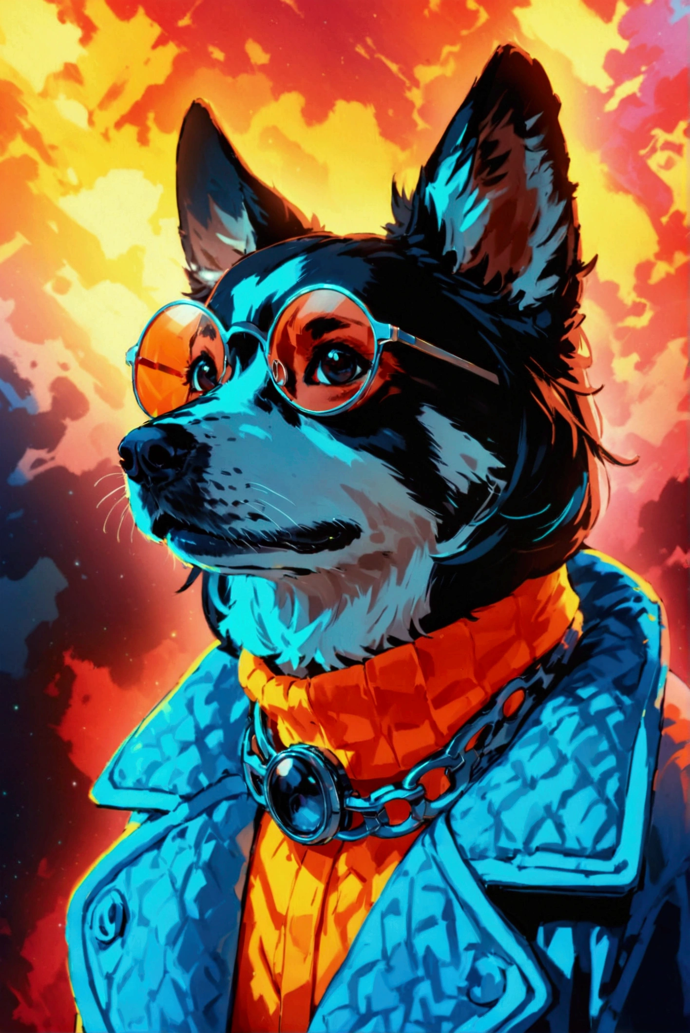  The best wallpaper for mobile phones ,  award-winning wallpaper ,  portrait photograph ,  in the front view is a portrait of a cute dog with fashion from the space age of the mid-60s, Profile photo, taken with Canon EOS R5,  establishes a strong contrast that accentuates the subject , fluorescent blue tone,  wearing a very modern coat and glasses in a style of the 60s, single color clothing, beautiful background