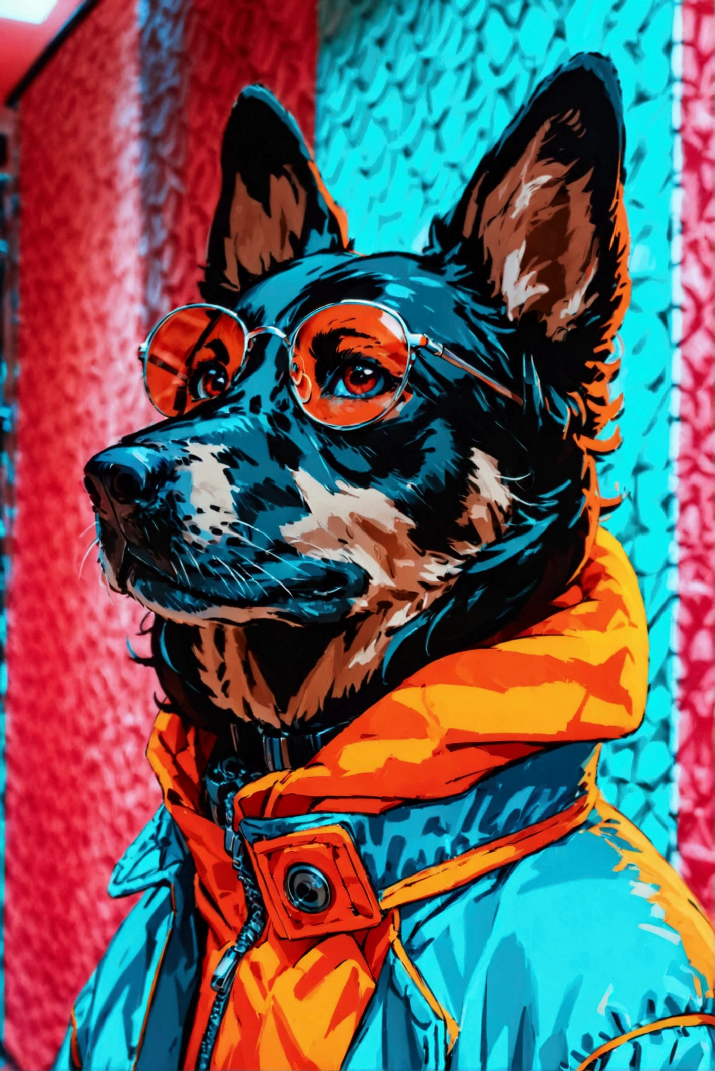  The best wallpaper for mobile phones ,  award-winning wallpaper ,  portrait photograph ,  in the front view is a portrait of a cute dog with fashion from the space age of the mid-60s, Profile photo, taken with Canon EOS R5,  establishes a strong contrast that accentuates the subject , fluorescent blue tone,  wearing a very modern coat and glasses in a style of the 60s, single color clothing, beautiful background