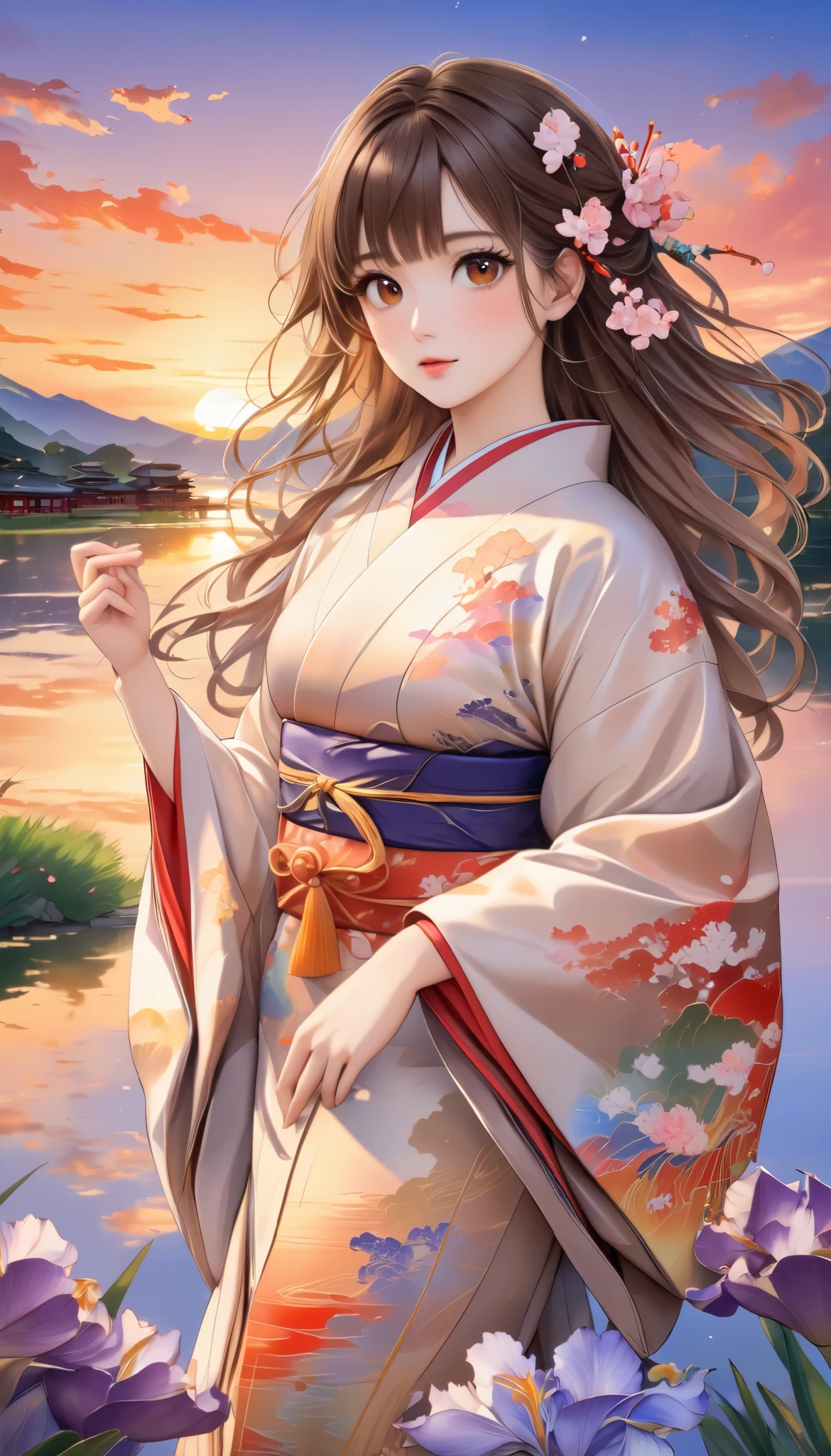 (masterpiece, high definition , High image quality, 8k, best quality), Japanese painting, Watercolor and Oil Paintings Fusion , beautiful brown eyes, Shiny, silky, tousled hair, adorable cute expression , perfect proportions, Mid-chest, Wearing a colorful Japanese kimono, evening clouds , Sunset, birds are flying, Iris Effect, backgrounds, detailed digital art ,
