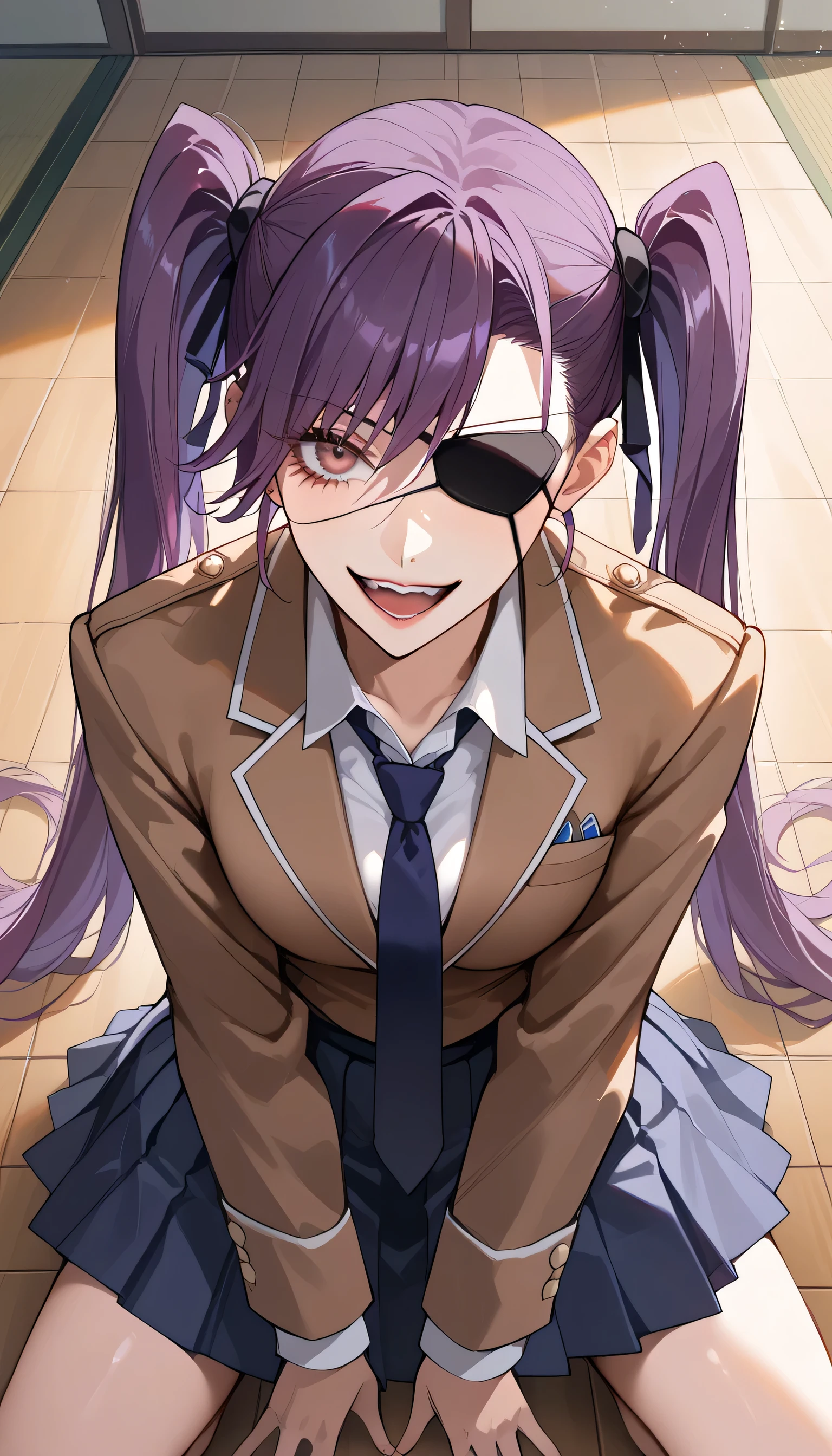 Eye patch、Poop sitting、Squat、 sits on the floor、 brown blazerを羽織る、 purple hair、Long sleeve shirt、、Twin tails that reach down to the waist、uniform、School corridor、Open the chest、 ties、 Yandere,  Yandere、  Eerie Smile , Crazy Laughter, I stopped laughing from the edge of my mouth ,  brown blazer、Angle from waist up、 taken from above、 pleated skirt、 Yankee、Squat、Squat、wicked lol lol、