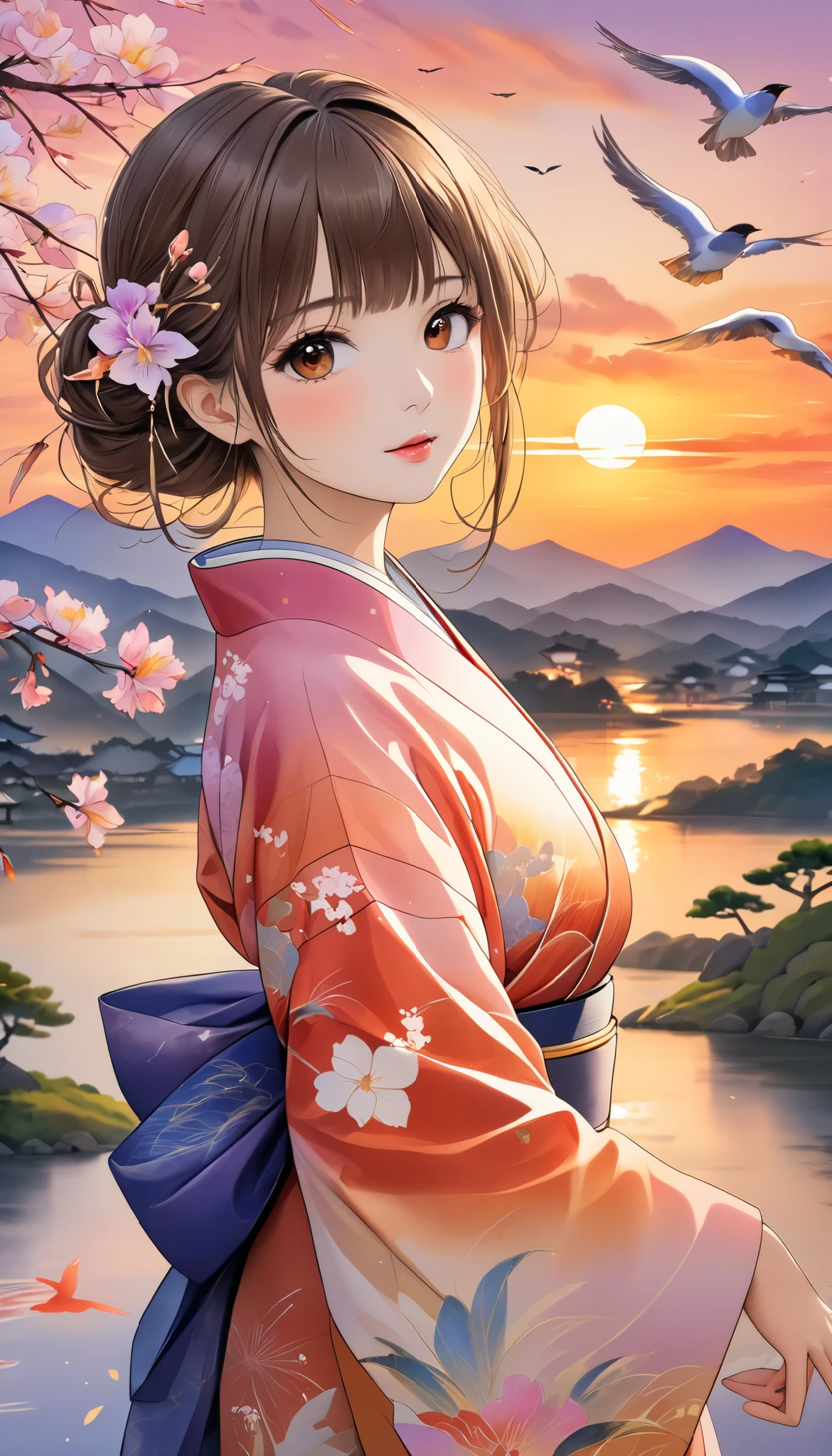 (masterpiece,  high definition , High image quality, 8k,  best quality), Japanese painting,  Watercolor and Oil Paintings Fusion ,  beautiful brown eyes, Shiny, silky, tousled hair,  adorable cute expression ,  perfect proportions, Mid-chest, Wearing a colorful Japanese kimono, evening clouds , Sunset,  birds are flying, Iris Effect,  detailed illustration art including background, 