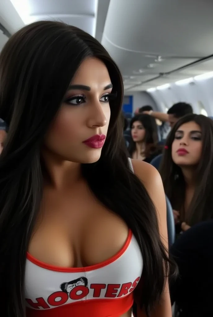 (((  full body photograph   ,    faint lighting   ,       sharp focus,    detailed face of Jacqueline   ))),    of Ari's extremely detailed face, ((((  Beautiful woman in Hooters uniform   ))),   )), brown eyes,    seductive,      smooth and shiny black hair   , make-up,    red lips)),    Side view   ,     background inside an airplane    , Standing, many passengers
