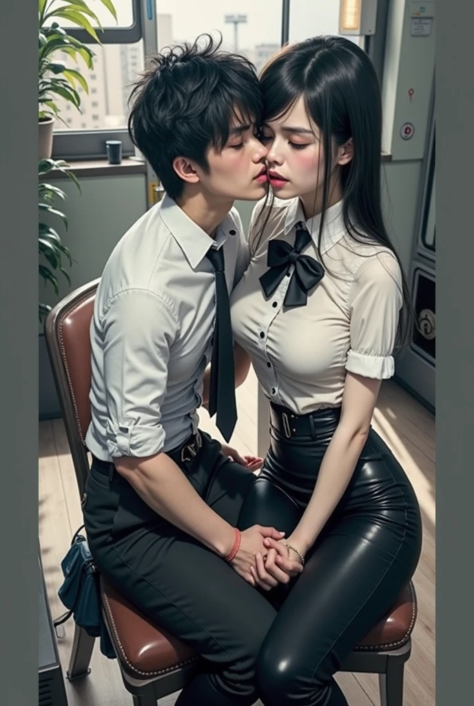 top-quality　​masterpiece　Male and female couples　Girl sitting on a chair wearing a tight leather skirt over a blouse and a pair of lace gloves。Boys hugging each other from behind。Boys wearing high school long pants uniforms with mash cut hairstyles。Without glasses、Revenge relationship