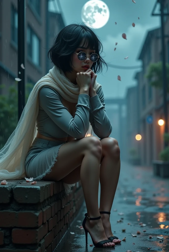 A photorealistic girl with a mesmerizing gaze, sitting on a weathered old brick wall, with folded arms on the chin, battered by a torrential windstorm and heavy rain of petals, adorned with a flowing tulle scarf, showcasing flawless legs and heels, dressed in a long-sleeved shirt and an uplifted mini skirt, with short, raven-black hair, set against a dark city sidewalk, with dimmed lights, mist, and dripping water, under the ominous glow of a full dark moon, her eyes locked intensely on the sky. earing glass sunglasses with stars and the moon on the glass