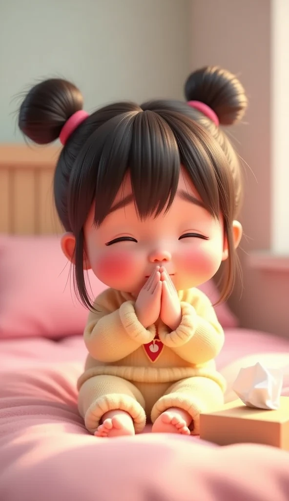 a girl, 3D animation with vibrant color palette, cute and adorable , cute beautiful girl, blushing cheeks AND NOSE a girl wearing DUCK ONESIE, NO BUNS, sitting down on her cute pinkish floral bed in her cute girlish vibe, her leg covered with her pink blanket she is having cold, her nose blushes, sneezing, tissue box on her lap, and she is holding tissue, she looks sick, over shoulder shot, HER FACE IS CRYING, BOGGERS