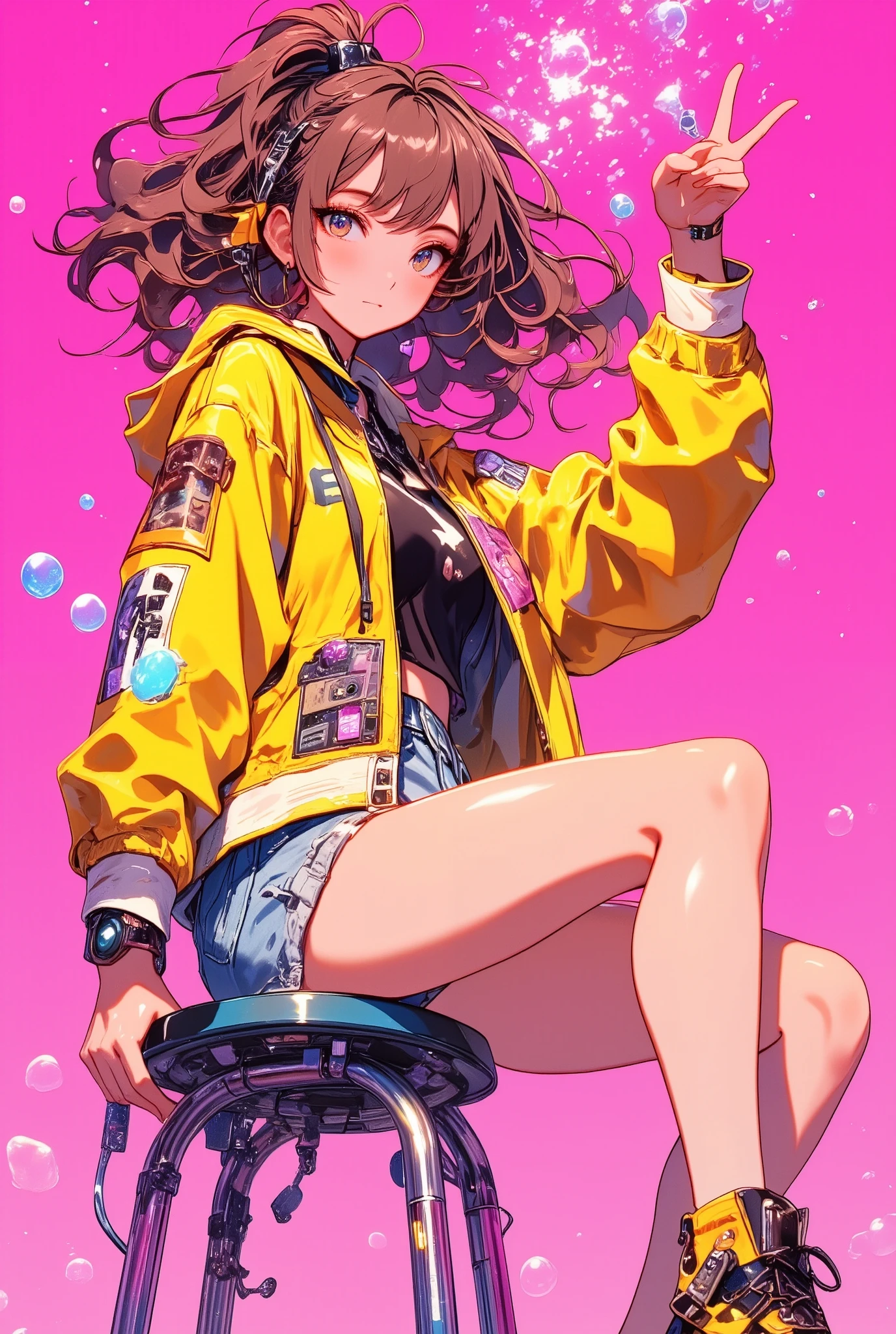 full body general shot, She looks at the camera from the side,  false eyelashes a woman sitting on a stool making bubbles with chewing gum a yellow jacket with fallen men denim shorts,  is sitting next to the camera a raised hand making with her fingers the symbol of victory , The other arm over the legs ,  pink background chewing gum brown hair with movement , Cyberpunk art by Ross Tran ,  trend in artstation , arte digital,  vibrant cartoons of Rossdraws , Style Ross Tran, In the style of Ross Tran, vibrant pastel rossdraws,  artwork in the style of Guweiz , artgerm style,  ilya Kuvshinov with long hair 