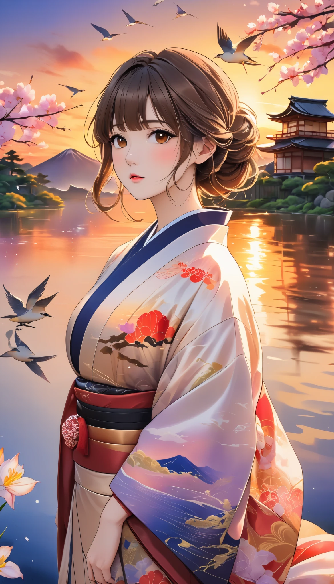 (masterpiece,  high definition , High image quality, 8k,  best quality), Japanese painting,  Watercolor and Oil Paintings Fusion ,  beautiful brown eyes, Shiny, silky, tousled hair,  adorable cute expression ,  perfect proportions, Mid-chest, Wearing a colorful Japanese kimono, Evening clouds, Sunset,  Birds Are Flying, Iris Effect,  backgrounds, 