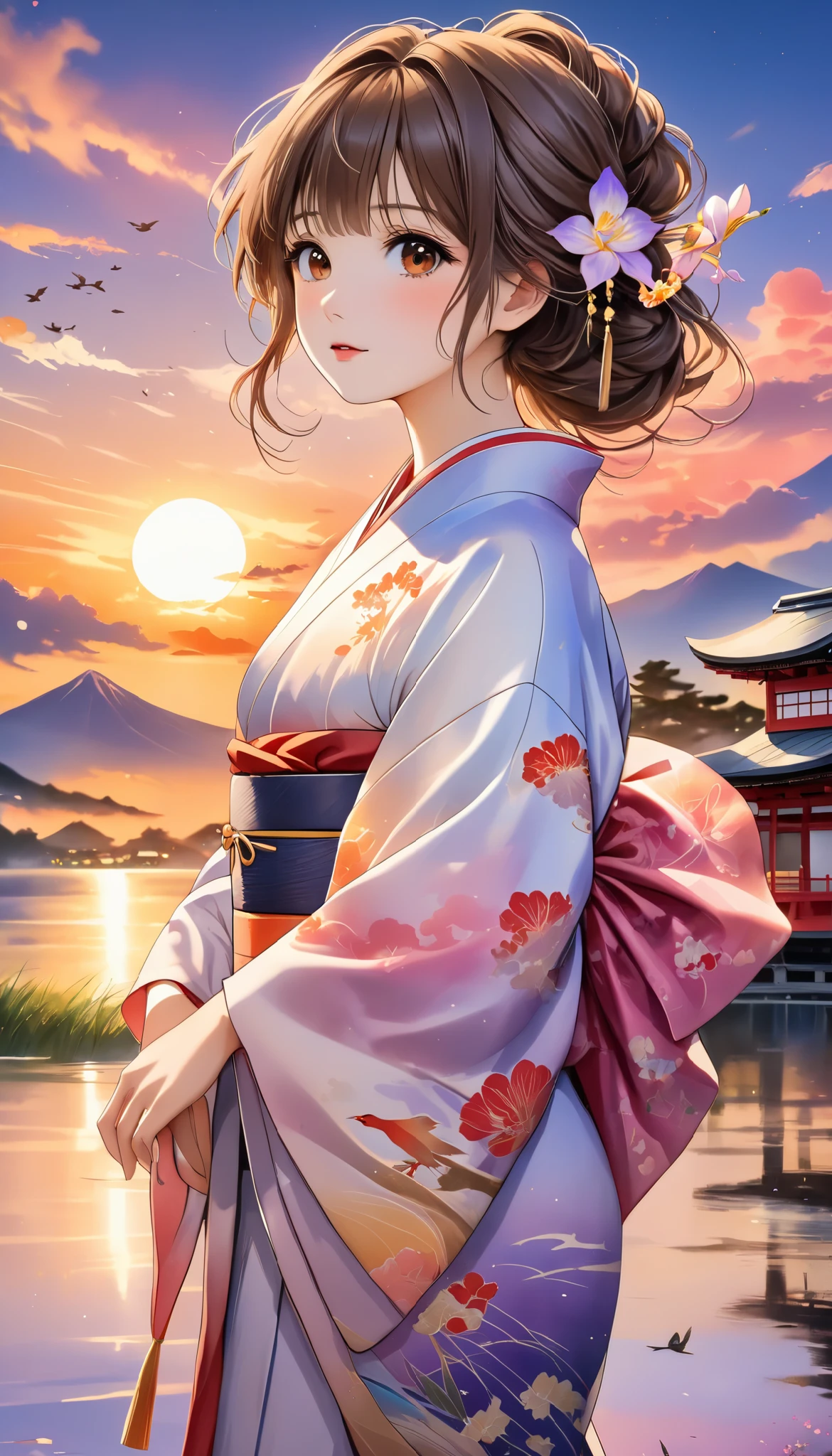 (masterpiece,  high definition , High image quality, 8k,  best quality), Japanese painting,  Watercolor and Oil Paintings Fusion ,  beautiful brown eyes, Shiny, silky, tousled hair,  adorable cute expression ,  perfect proportions, Mid-chest, Wearing a colorful Japanese kimono, evening clouds , Sunset,  birds are flying, Iris Effect,  detailed illustration art including background, 