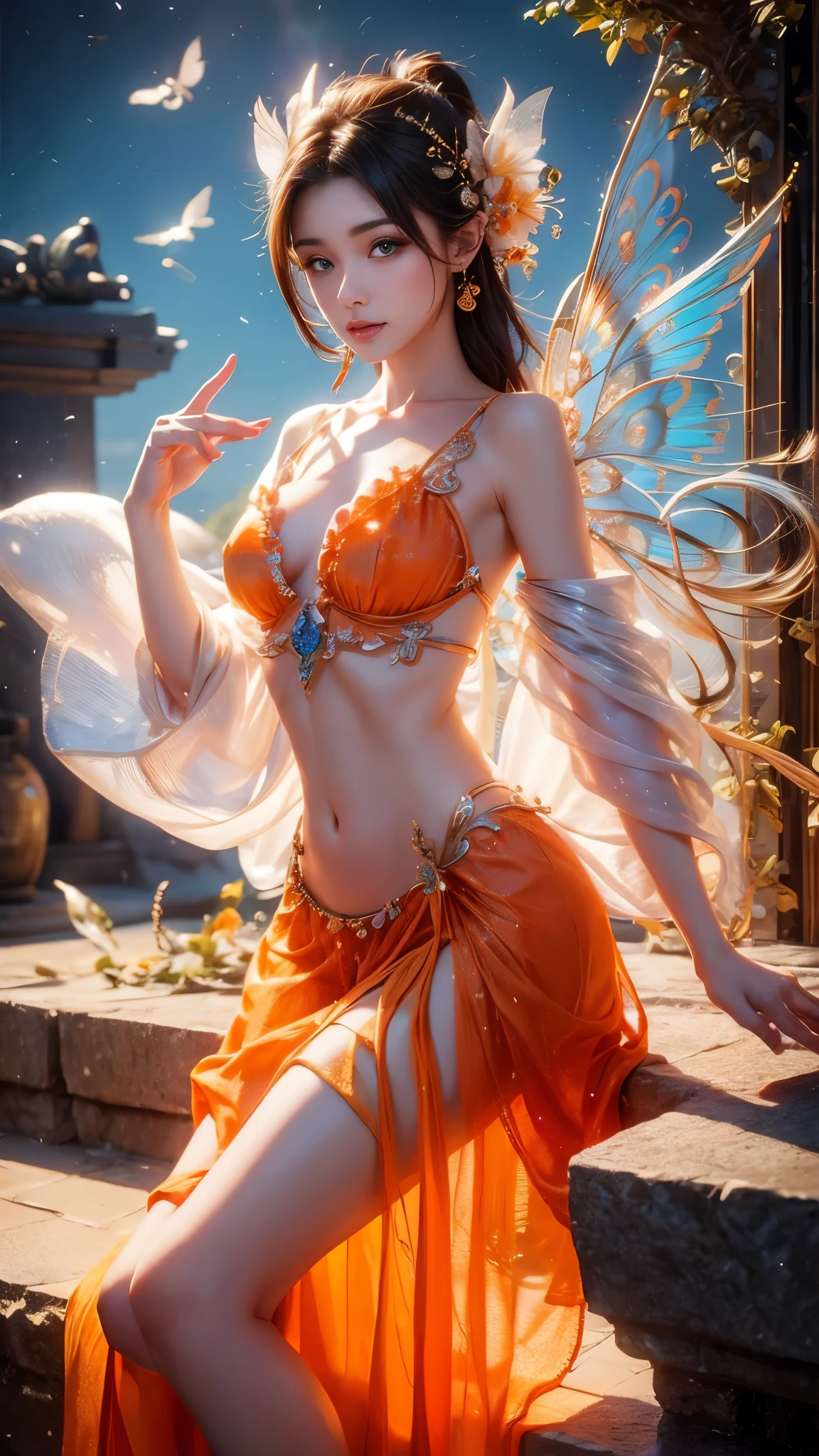 4K, UHD, masterpiece, 1 girl, ((good face)), detailed eyes, very long hair, ((small breasts)), ((peacock clothing)), ((orange clothing)), ((strap clothing)), ((orange lace)), ((navel)), ((peacock wings)), ((ornaments)), ((fpeacock petticoat)), ((bare hip)), butterfly, fantasy creative art, ultra detailed, details, ultimate details, amazing magnificence, in the beautiful dargen, birds, Pedaipan style, glowing light, bloom, ray tracing, ((upper body)), sitting,