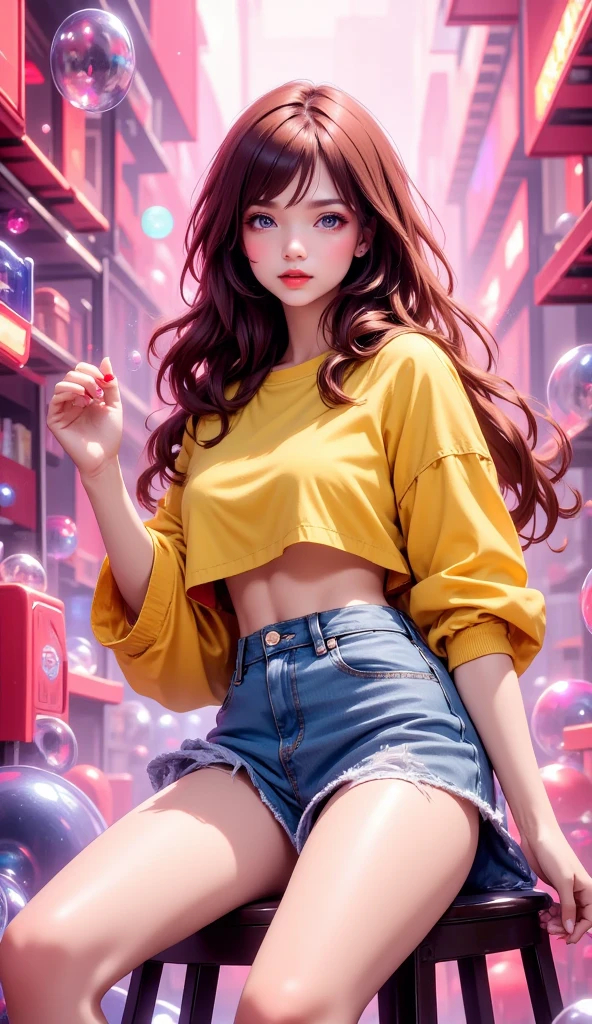 full body general shot, She looks at the camera from the side,  false eyelashes a woman sitting on a stool making bubbles with chewing gum a yellow jacket with fallen men denim shorts,  is sitting next to the camera a raised hand making with her fingers the symbol of victory , The other arm over the legs ,  pink background chewing gum brown hair with movement , Cyberpunk art by Ross Tran ,  trend in artstation , arte digital,  vibrant cartoons of Rossdraws , Style Ross Tran, In the style of Ross Tran, vibrant pastel rossdraws,  artwork in the style of Guweiz , artgerm style,  ilya Kuvshinov with long hair 