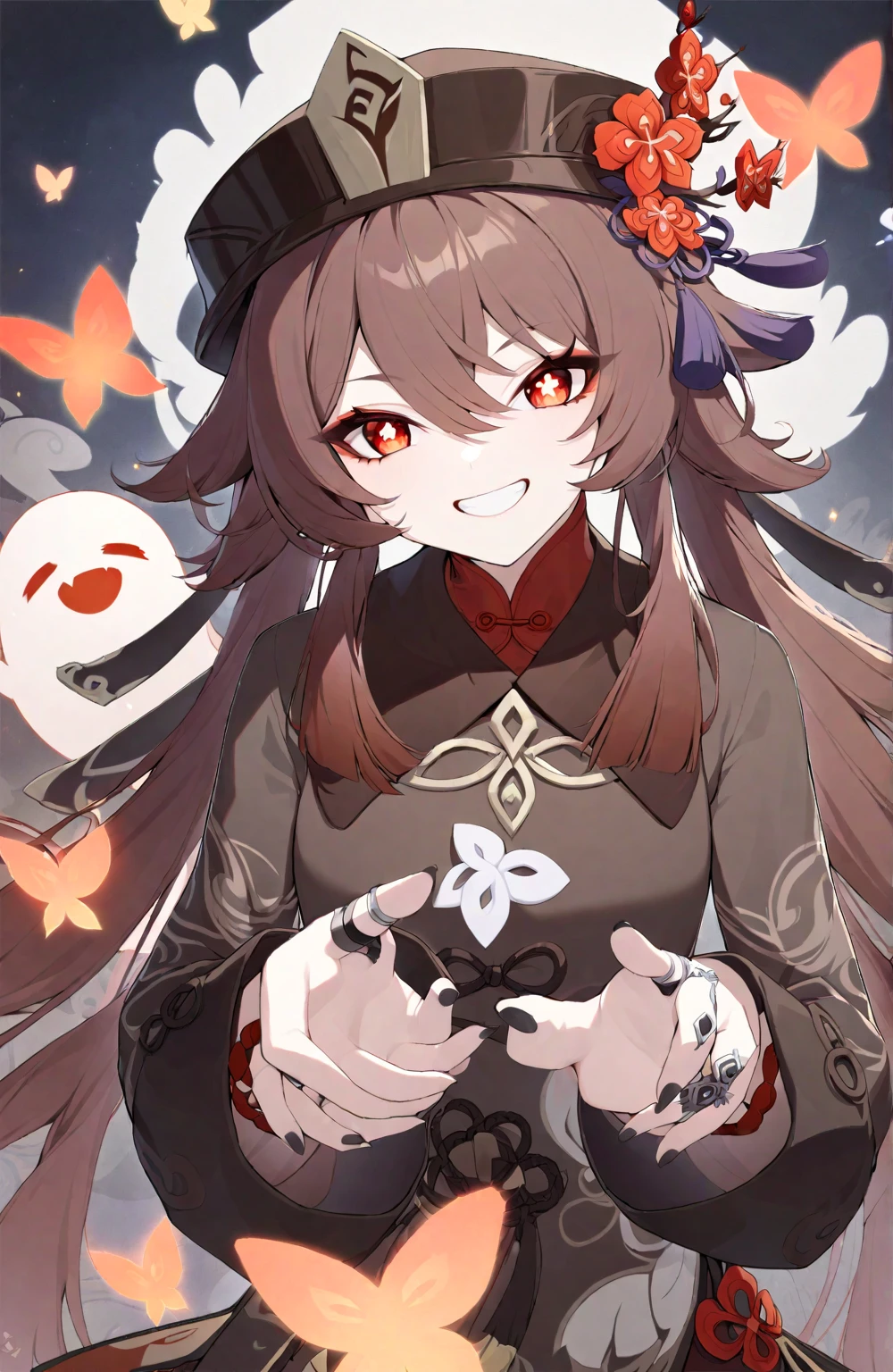 Futao,Futao\(Genshin Impact\),One girl,smile,Have,Ghost,View Viewer,Symbol-shaped pupil,Brown Hair,Black nails,flower,ring,jewelry,Long sleeve,alone,Long Hair,Manicure,Red eyes,butterfly,Chinese clothing,bug,Twin tails,Grin,Have flower,Hair between the eyes,bangs,:d,tooth,masterpiece,highest quality,so beautiful,Absurd,upper_body,White background