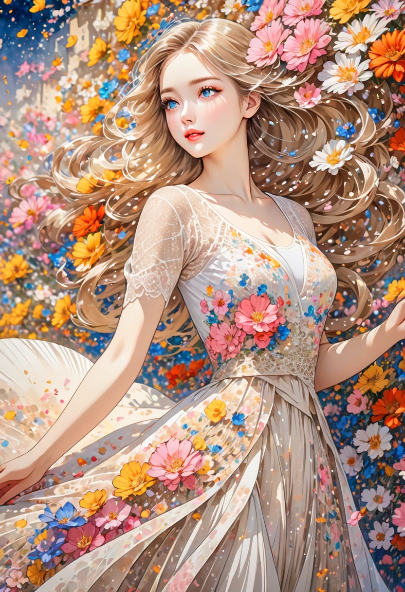 Large number of petals revolving around girls in ultra high definition, Anatomically Perfect Very Charming Beautiful Girl (close up)  Wearing Beige Yarn Flowing Skirt Exquisite Fine Eyes And Lips Her Beige Hair Flowing In The Wind Flowers And Numerous Petals Swirl Around The Girl Very Very Magical Dream Extraordinary Glitter Art Decor Soft Rich Levels Vibrant Vibrant Art Decor Tone Visually Stunning Composition Best Light Shading Error Complex Ultra Detailed Artwork Pen Watercolor Illustration Style