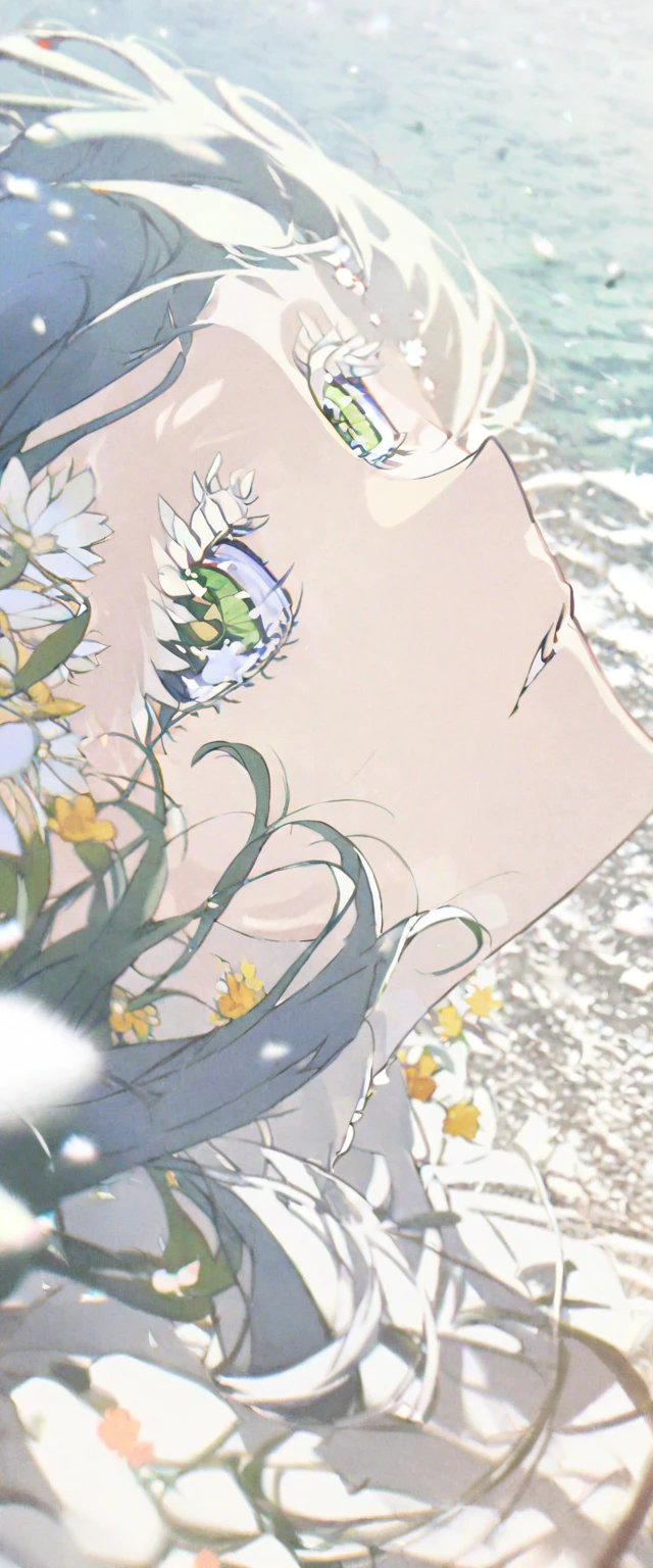  1 young girl ，Profile， green eyes ，The little flowers around me ， The background is the gray waves of the sea，Gravel beach，Sky，wind， flowing hair ，Light Particles