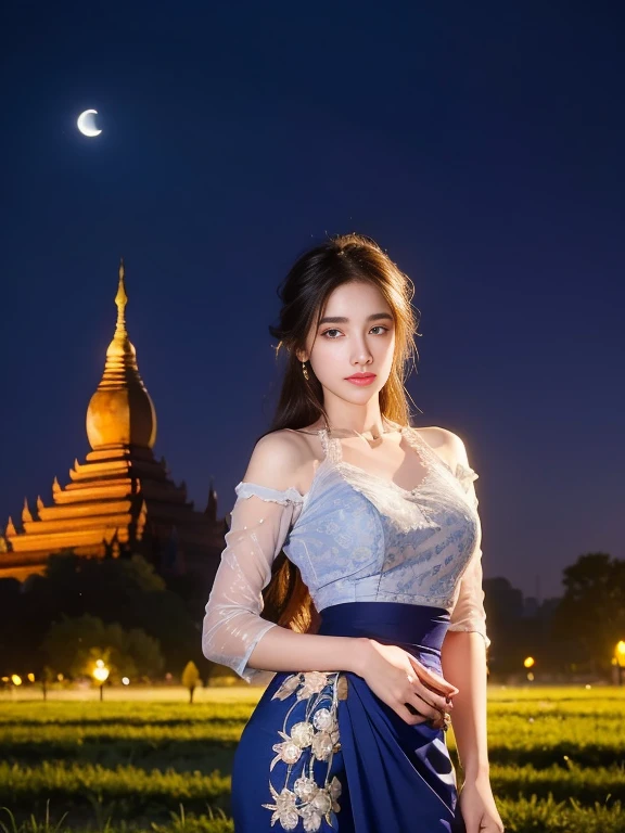 a solo beautiful young lady, elegant, detailed, pretty, (rubenesque), (Bagan Pagoda background), (night sky), Full Moon, Myanmar traditional elegant detailed dress, short lace sleeve, (art by dgtlv2 and henry asencio and zeen chin and josephine wall and edwin deakin), (masterpiece), (good anatomy),